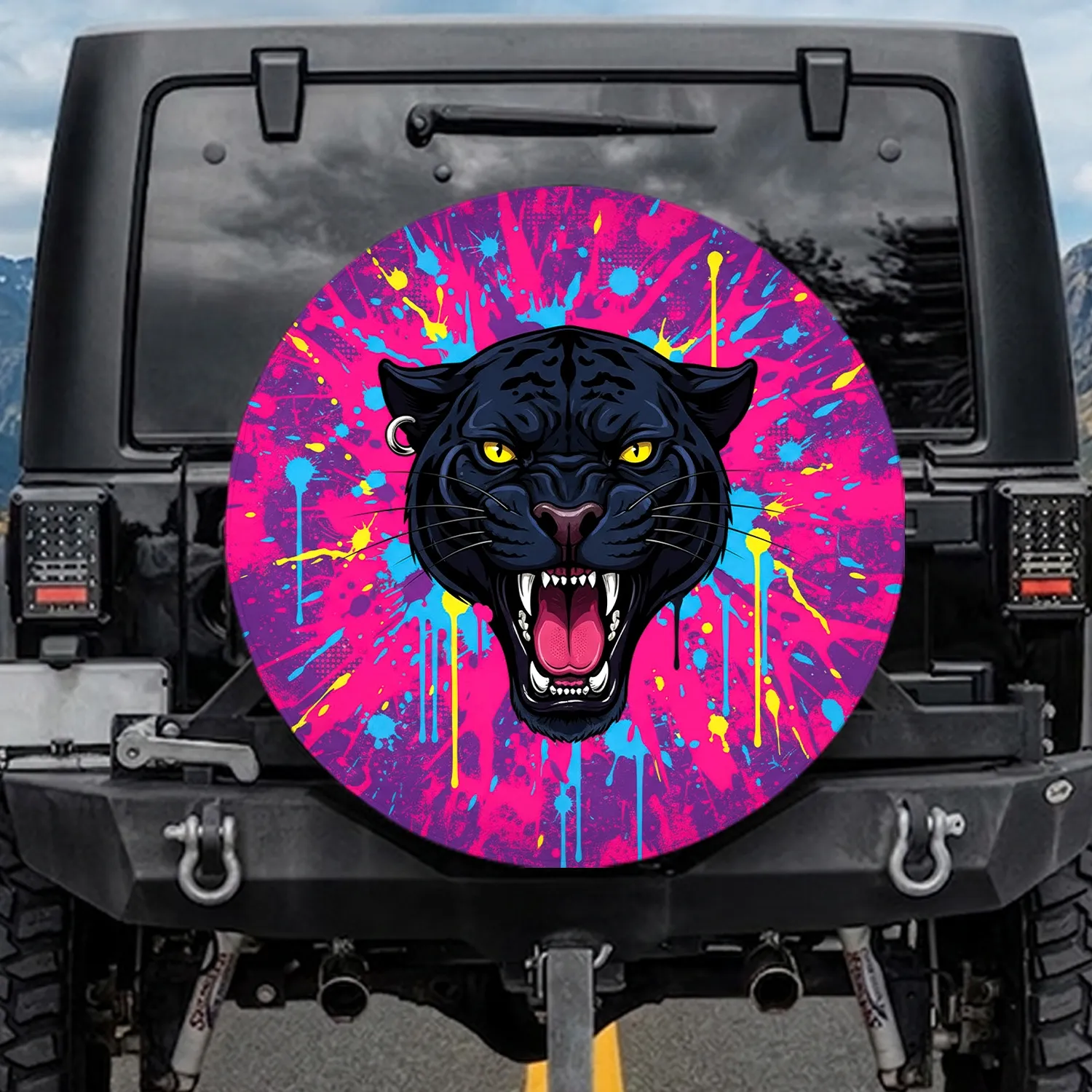 1pc Spare Tire Cover Front Windshield, Foldable with a Three-black-panther Splash-ink Art Pattern, Suitable Universal Windshields.Blocks Ultraviolet Rays, Parking, Road Trips, and Daily Commuting to Keep Car Interior Cool - 1