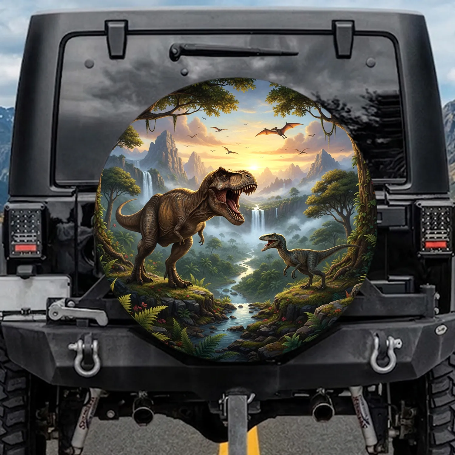 Colossal Tyrannosaurus Rex Roaring Velociraptor Prehistoric Jungle Vista - Dinosaur Lover Gift Spare Tire Cover - 1