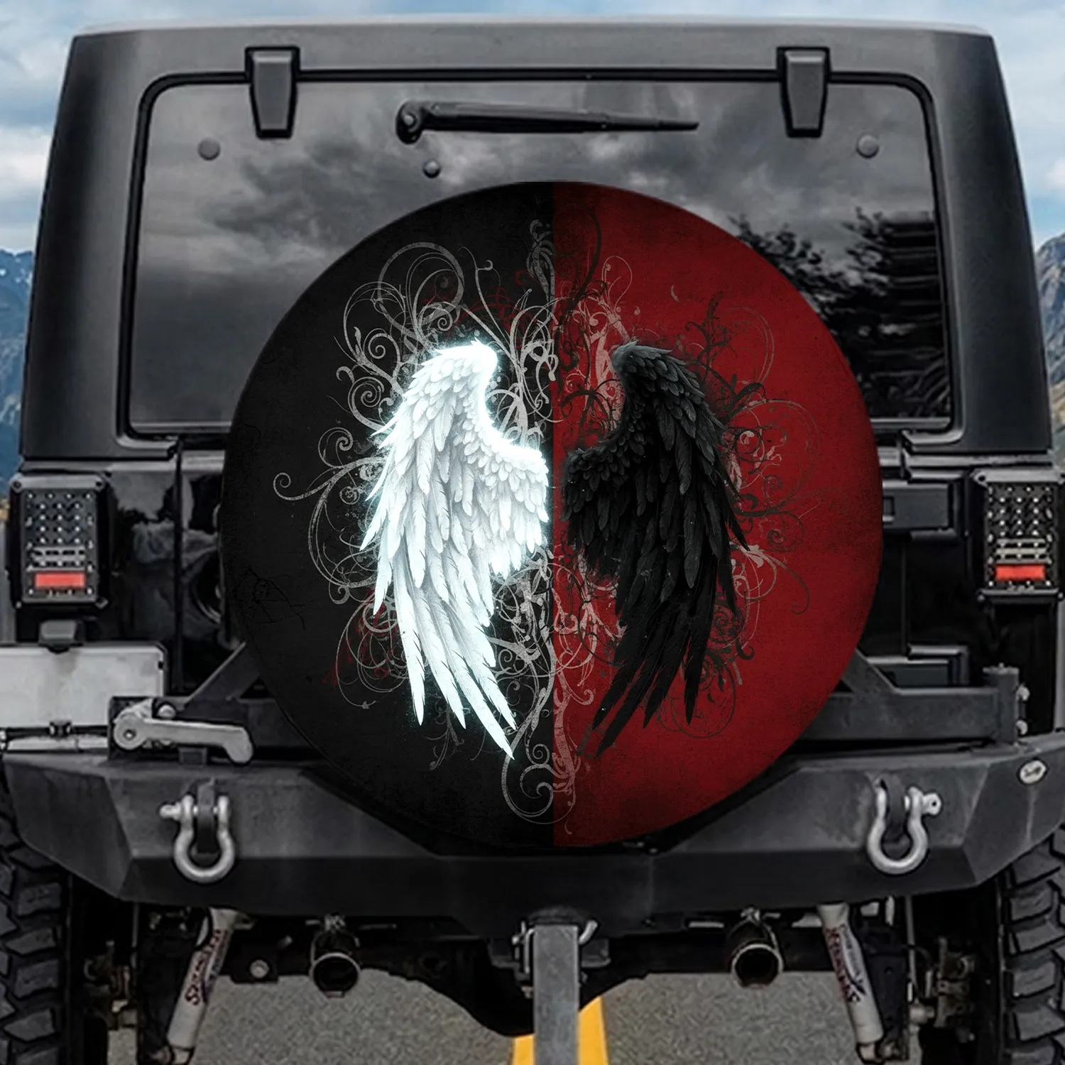 White Black Wings Gothic Energy - Bold Statement Gift Spare Tire Cover - 1