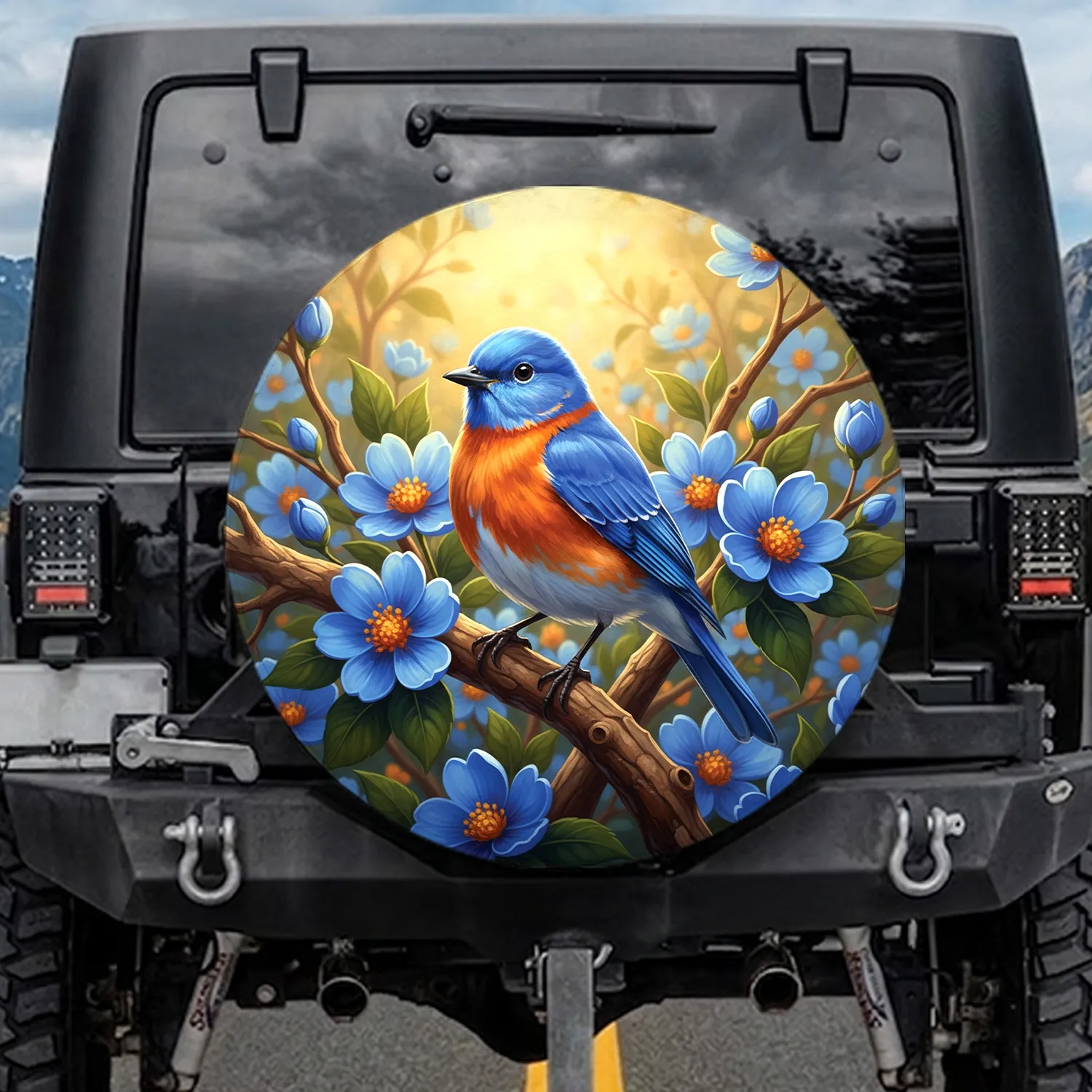 Eastern Bluebird Blue Flowers Golden Sunlight Natural Environment - Wildlife Lover Gift Spare Tire Cover - 1