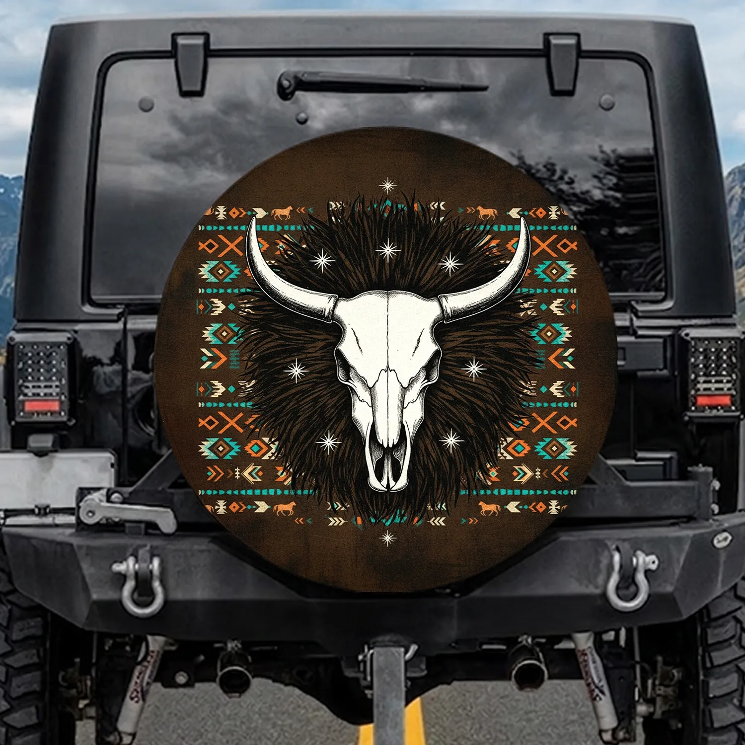 Bull Skull Horse Diamond Floral - Western Lifestyle Decor for Cowboy Enthusiast Spare Tire Cover - 1