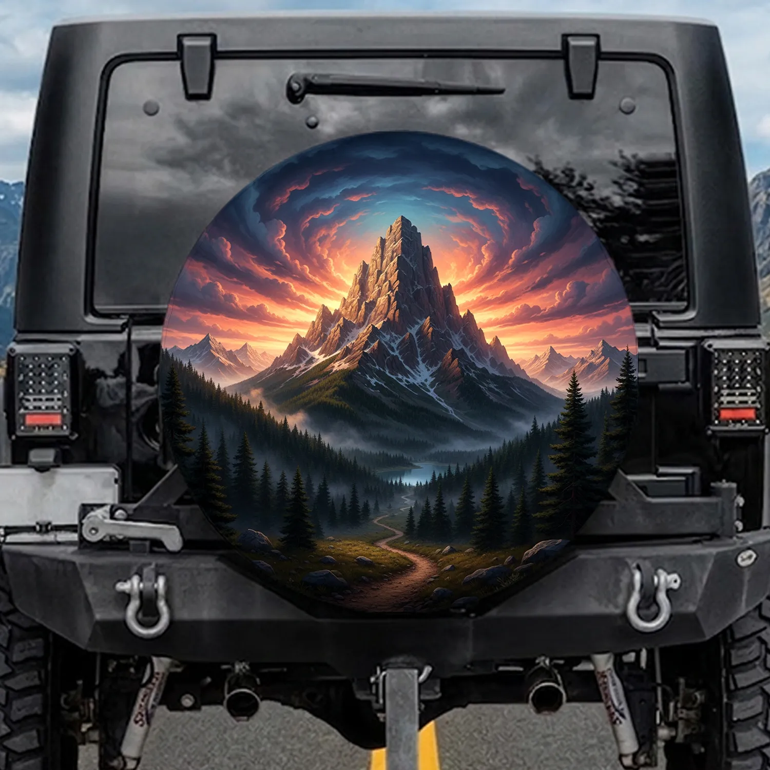 Golden Hour Craggy Mountain Pine Forest Lake Swirling Sky - Nature Lover Gift Spare Tire Cover - 1