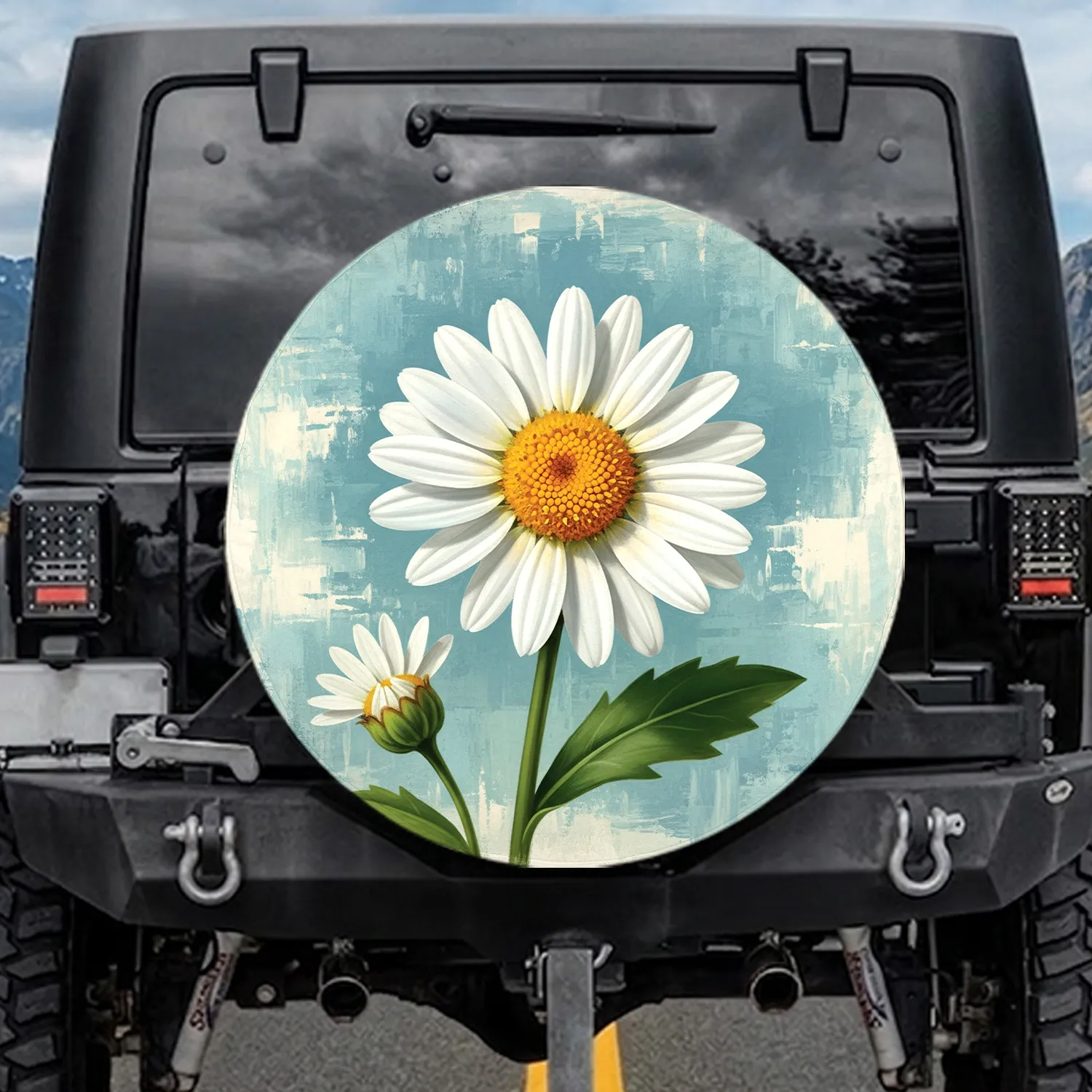 White Daisy Yellow Center Green Leaf Daisy Bud Sky Blue Teal Cream Field - Garden Lover Gift Spare Tire Cover - 1