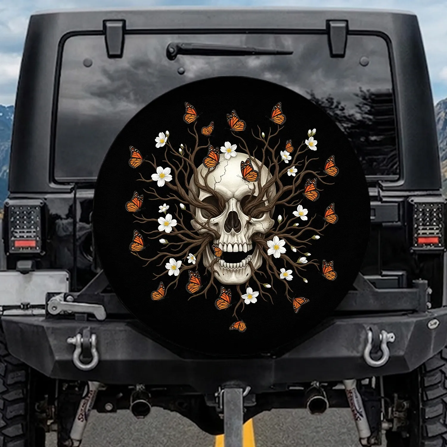 Open Jaw Skull Gnarled Branches Monarch Butterflies White Flowers - Home Decor Gift Spare Tire Cover - 1