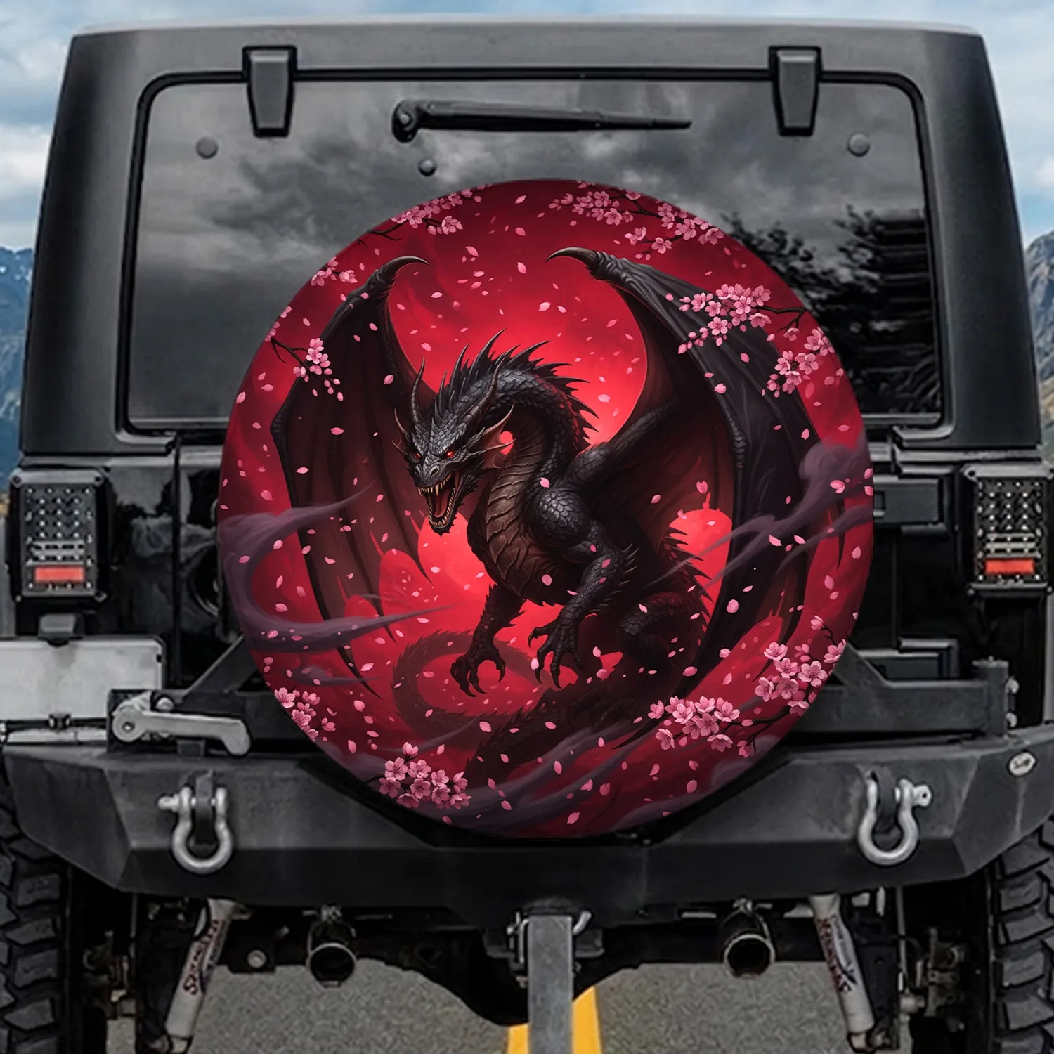 Black Dragon Cherry Blossom Realm - Fantasy Lover Gift Spare Tire Cover - 1