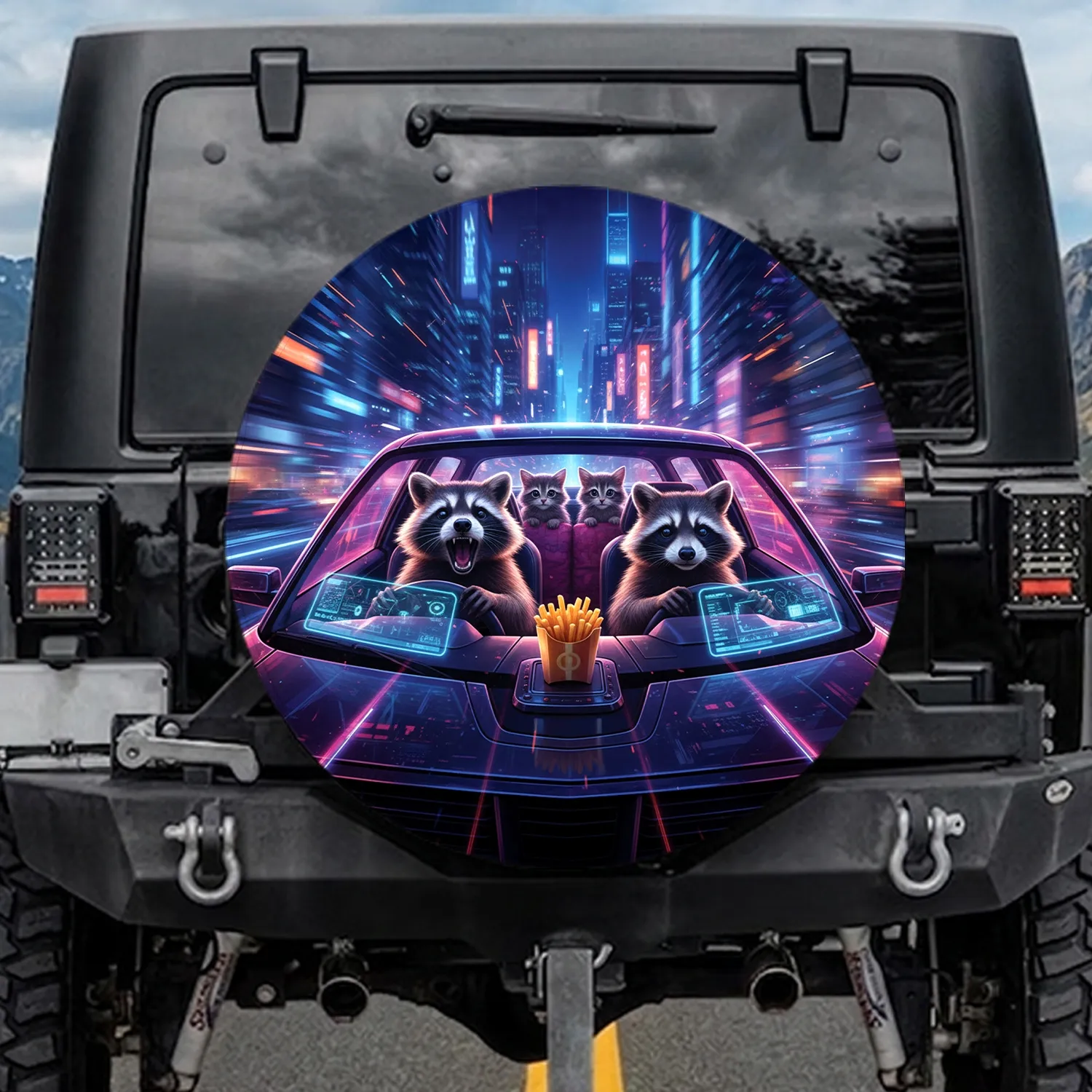 Raccoons Futuristic Cyber City Ride - Urban Night Journey Gift Spare Tire Cover - 1