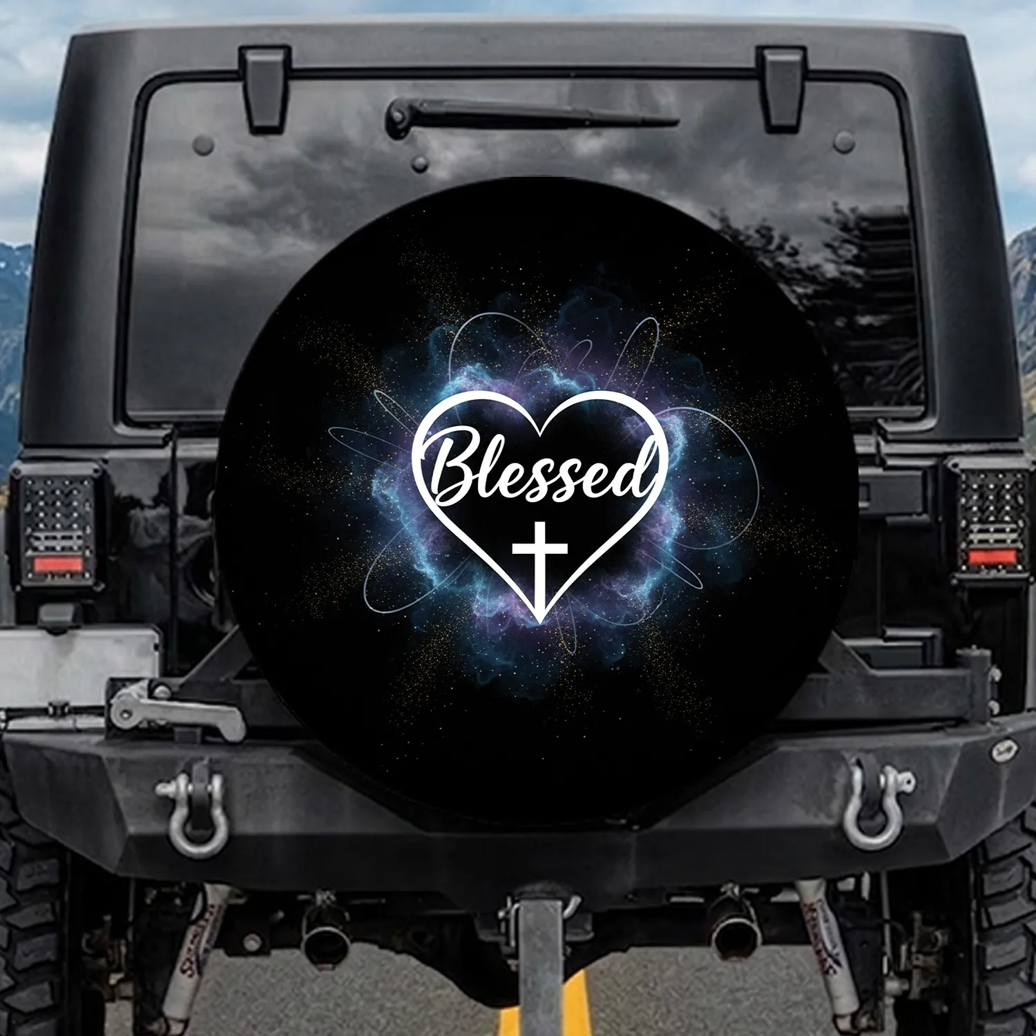 Blessed Heart Cross Celestial Golden Dust - Faith Lifestyle Gift Spare Tire Cover - 1