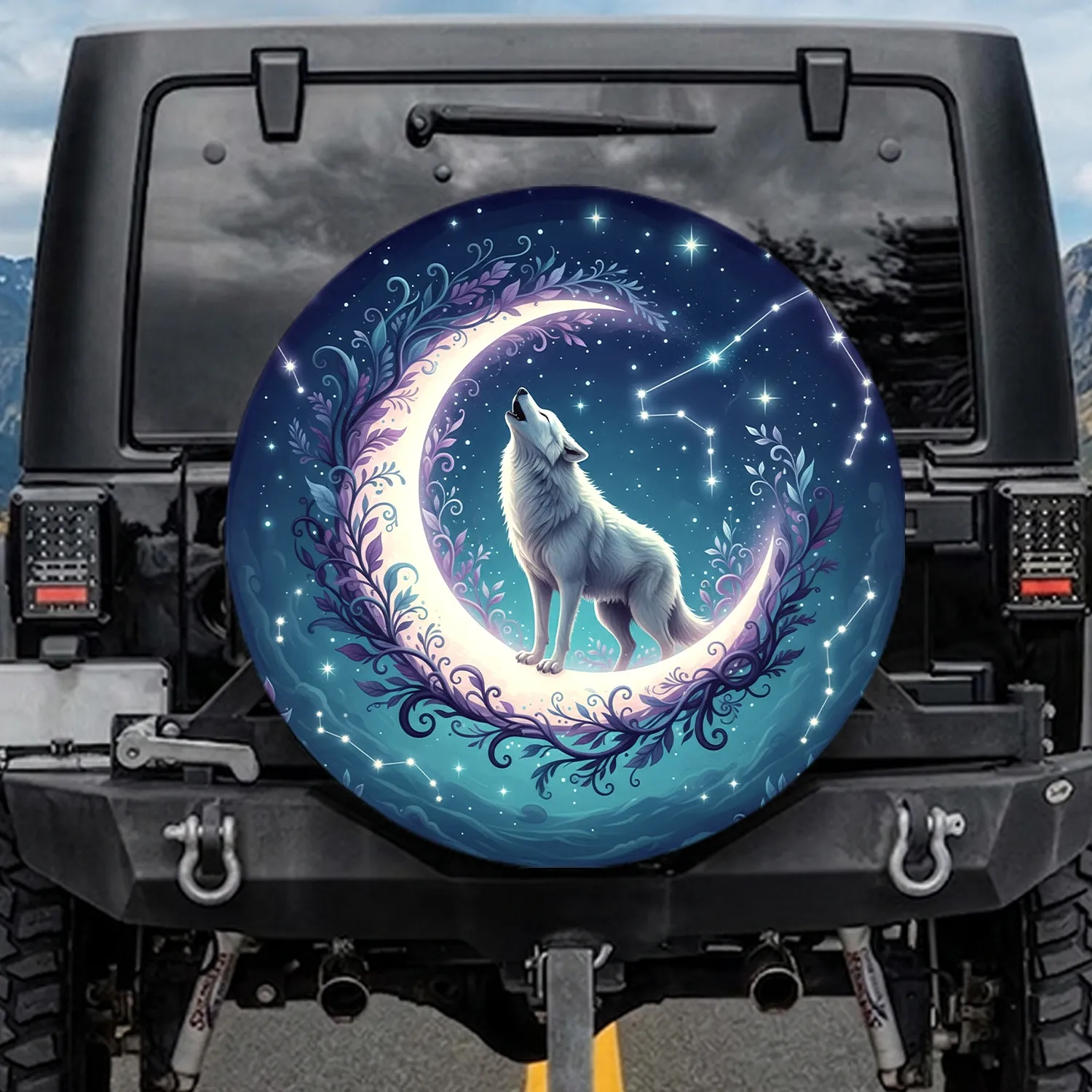 White Wolf Crescent Moon Star Constellations Botanical Branches - Wildlife Lover Gift Spare Tire Cover - 1