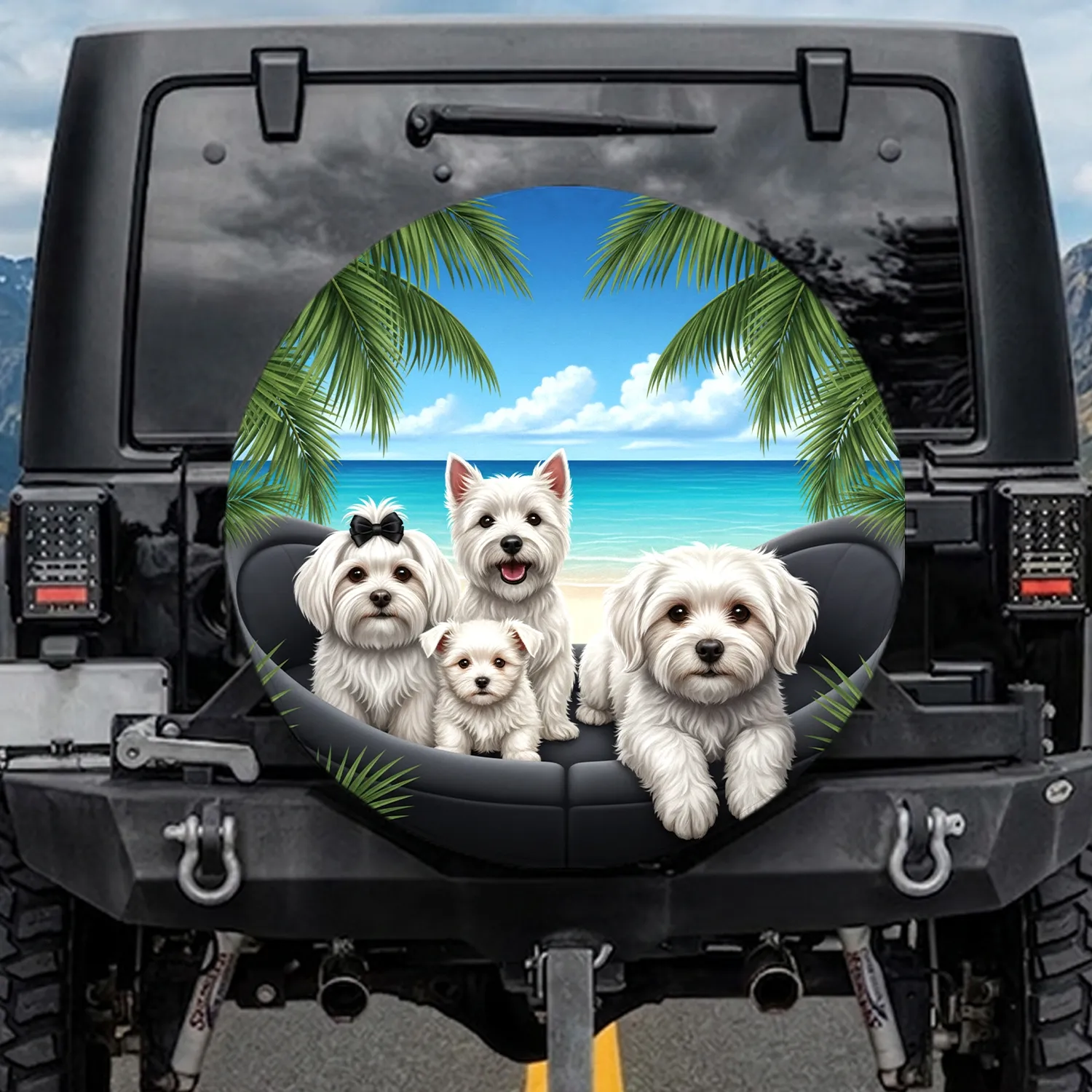 White Fluffy Dogs Tropical Beach Palm - Dog Lover Gift Spare Tire Cover - 1
