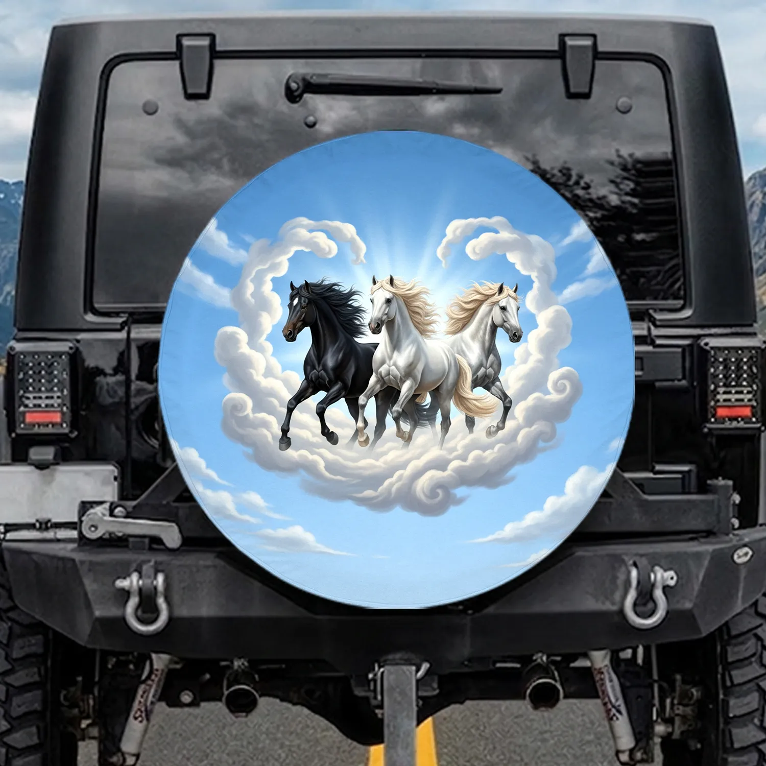 Three Galloping Horses Clouds Sky - Wildlife Lover Gift for Horse Lover Spare Tire Cover - 1