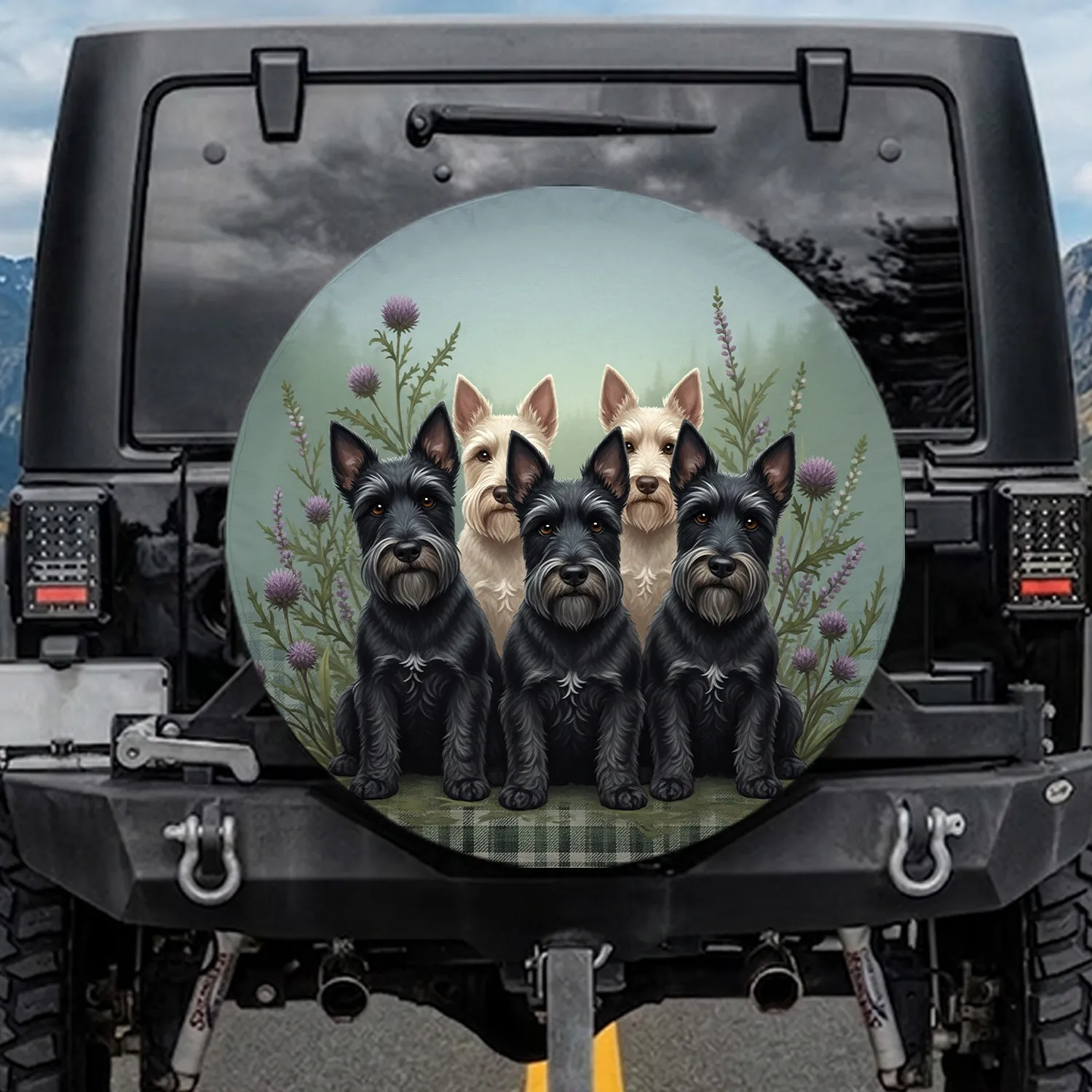Five Alert Scottish Terriers Thistle Heather Plaid Natural Landscape - Dog Owner Home Decor Gift Spare Tire Cover - 1