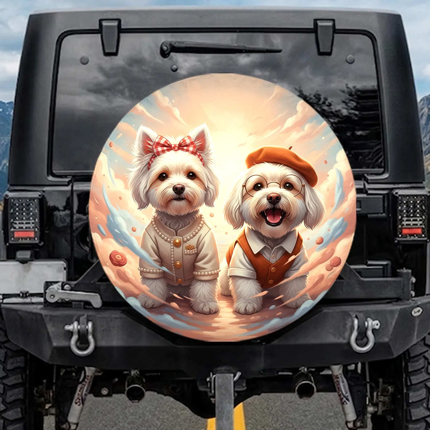 Fluffy White Dogs Red Bow Beret Spectacles - Dog Lover Road Trip Gift Spare Tire Cover - 1