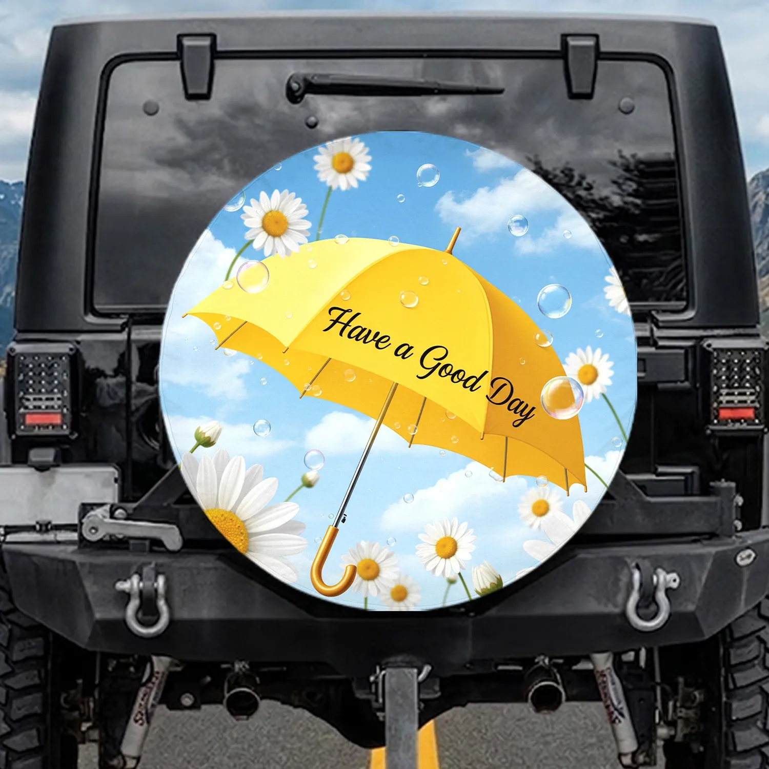 Yellow Umbrella 'Have a Good Day' White Daisies Water Bubbles - Everyday Drive Gift Spare Tire Cover - 1