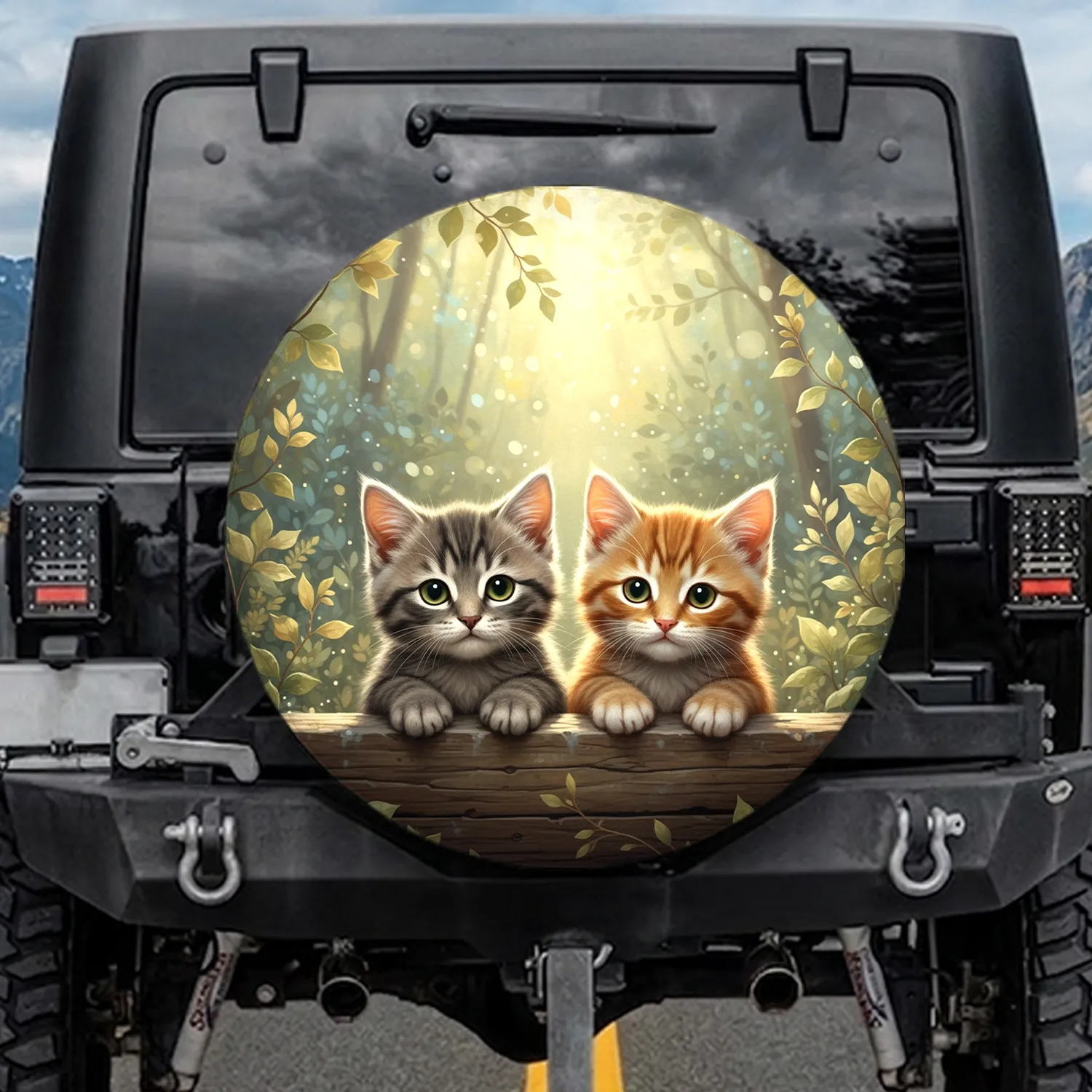 Grey Orange Tabby Kittens Peeking Wooden Beam - Cat Lover Home Decor Gift Spare Tire Cover - 1