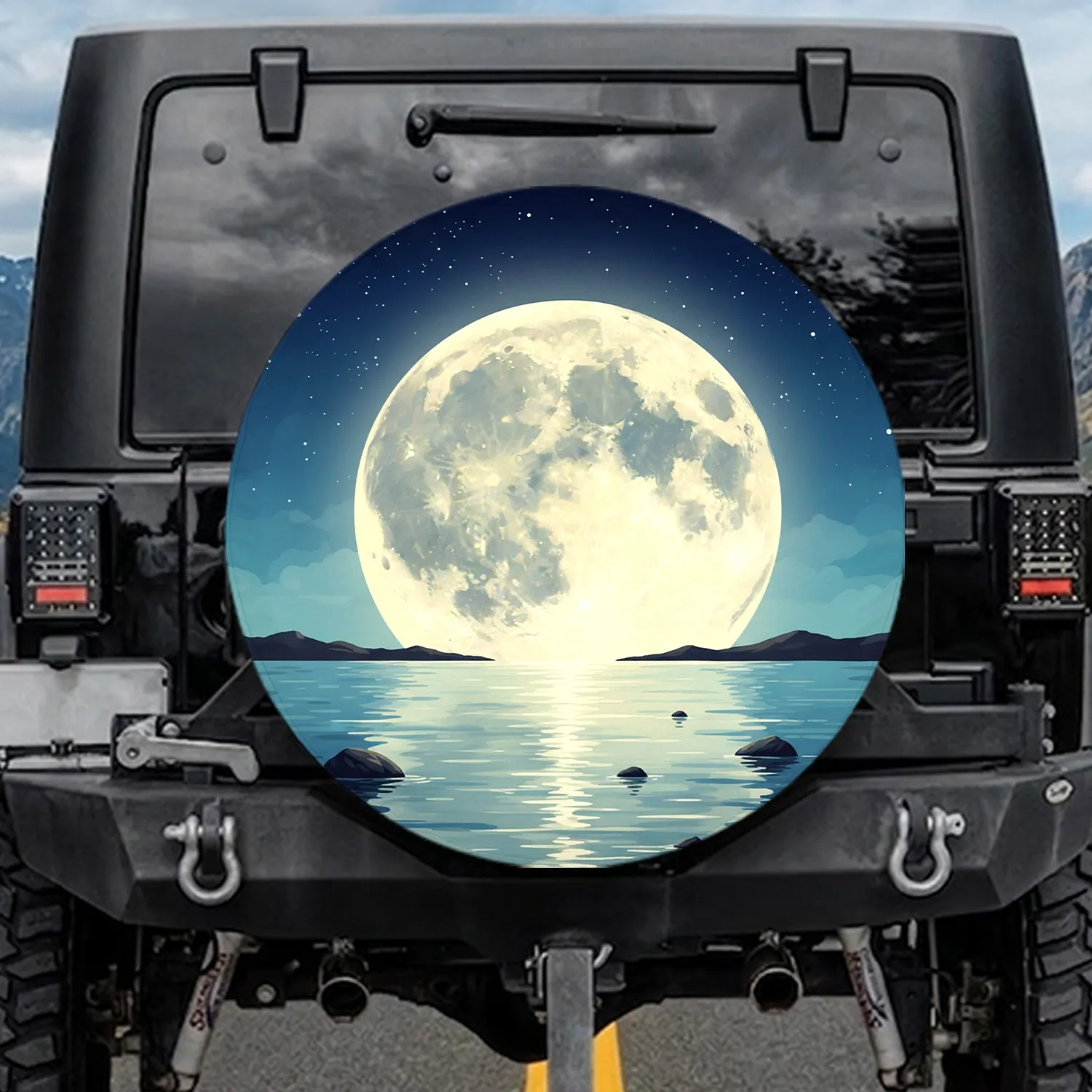 Star Dusted Night Sky Full Moon Water Reflection - Travel Essentials Spare Tire Cover - 1