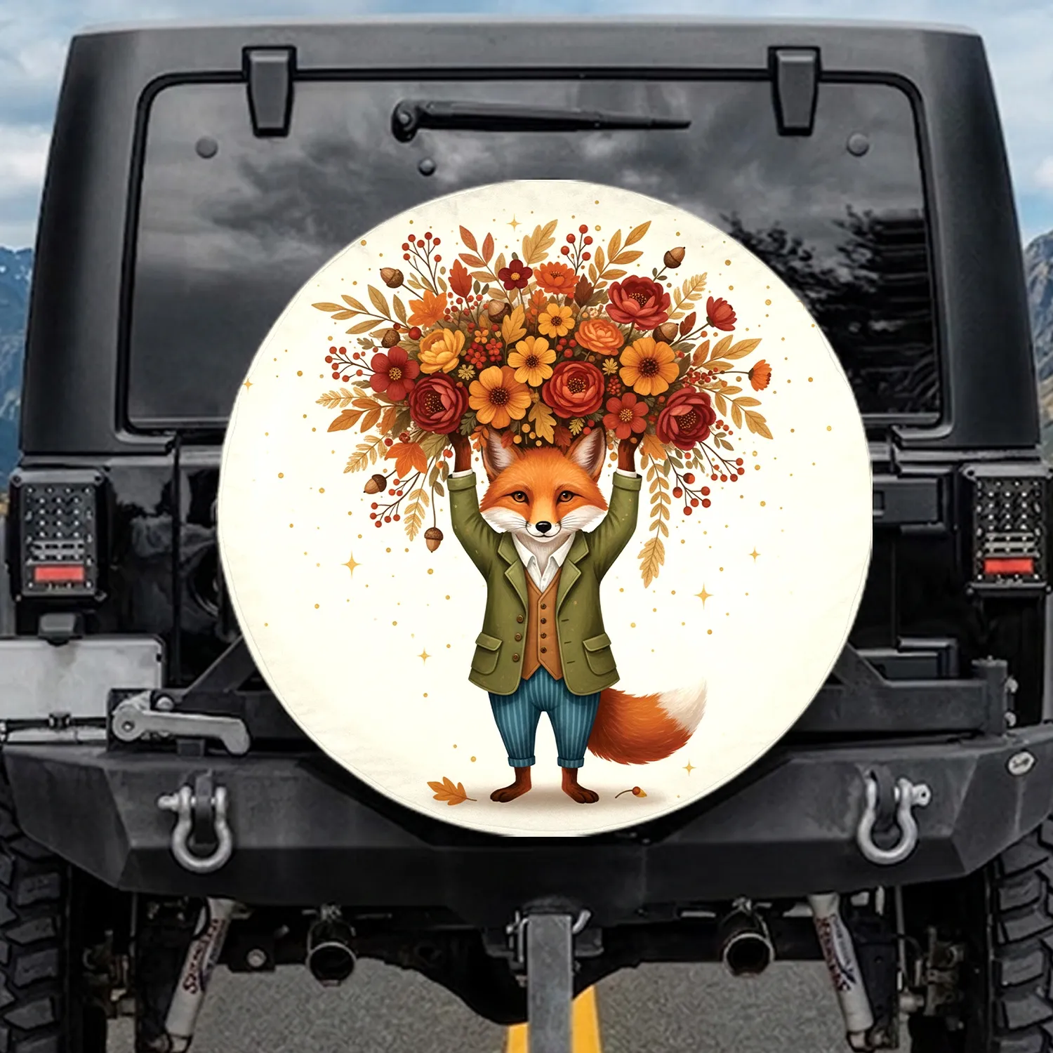 Fox Autumn Floral Bouquet - Home Decor Gift for Fox Lover Spare Tire Cover - 1