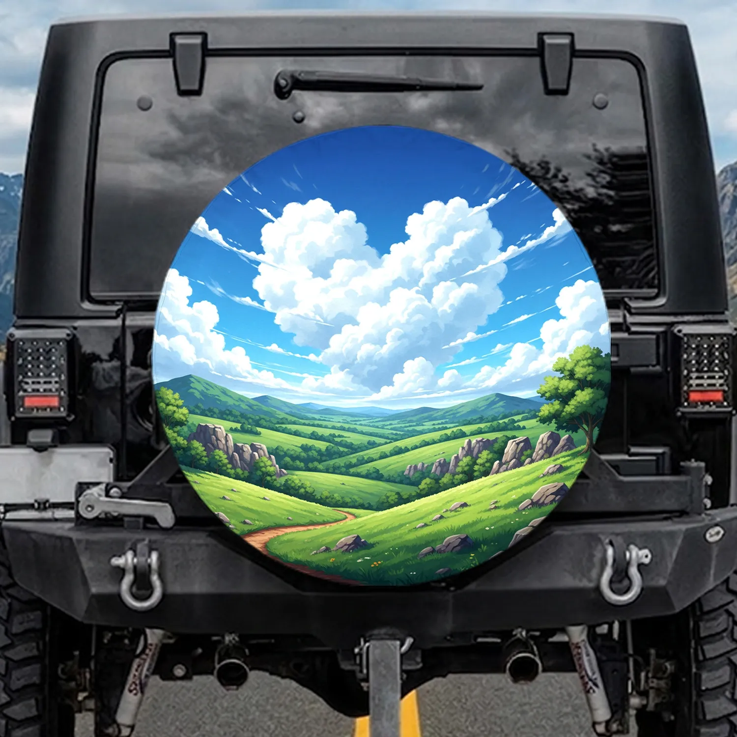 Fluffy Heart Clouds Green Hills Path - Outdoor Adventure Gift for Nature Lover Spare Tire Cover - 1