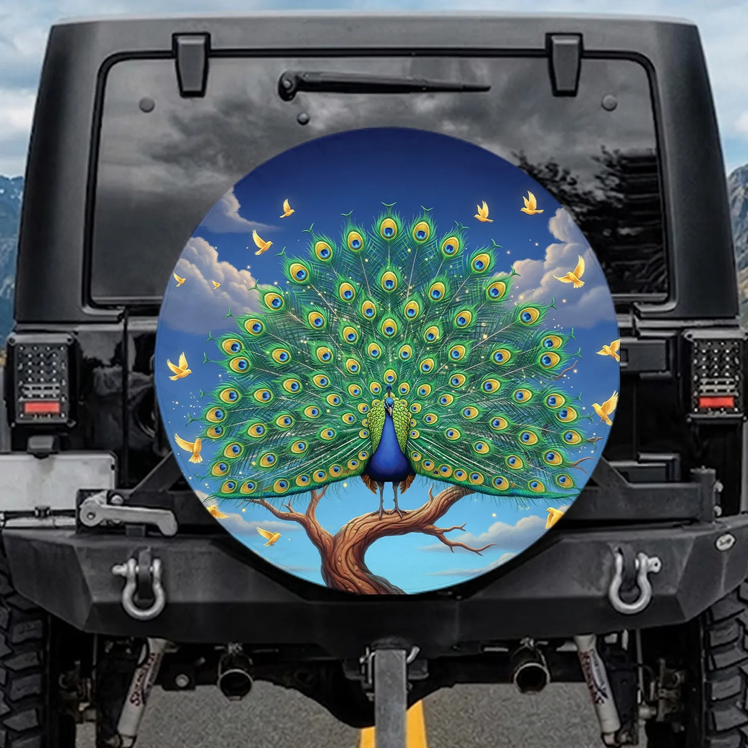 Regal Peacock Golden Birds Indigo Cerulean Sky - Wildlife Lover Gift Spare Tire Cover - 1