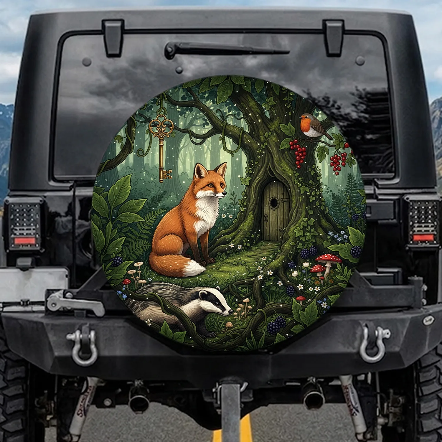 Curious Fox Badger Golden Key Door Woodland Scene - Wildlife Home Decor Gift Spare Tire Cover - 1