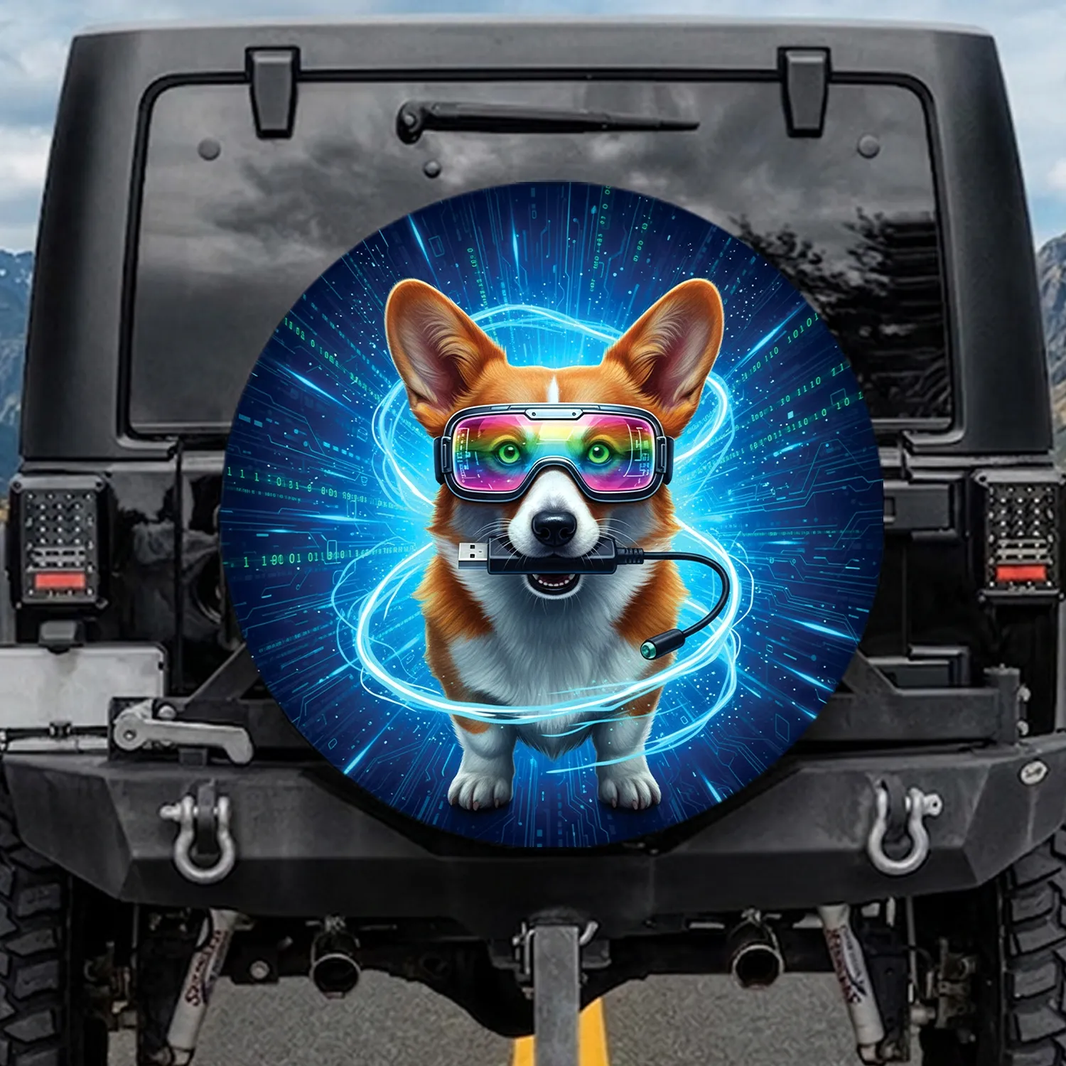 Futuristic Corgi VR Goggles Data Stream - Tech Enthusiast Gift for Dog Owner Spare Tire Cover - 1