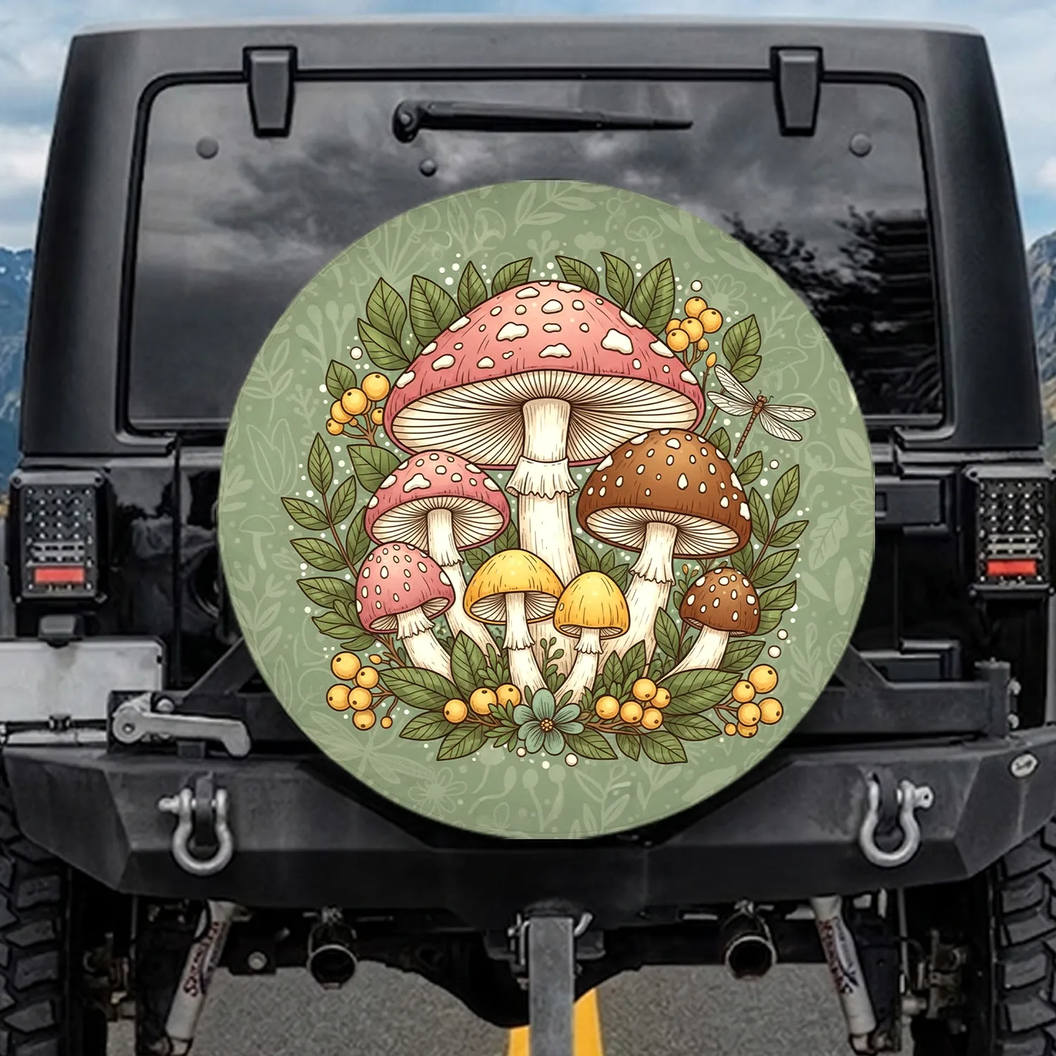 Wild Forest Mushrooms Green Foliage Yellow Berries Dragonfly - Wildlife Lover Gift Spare Tire Cover - 1