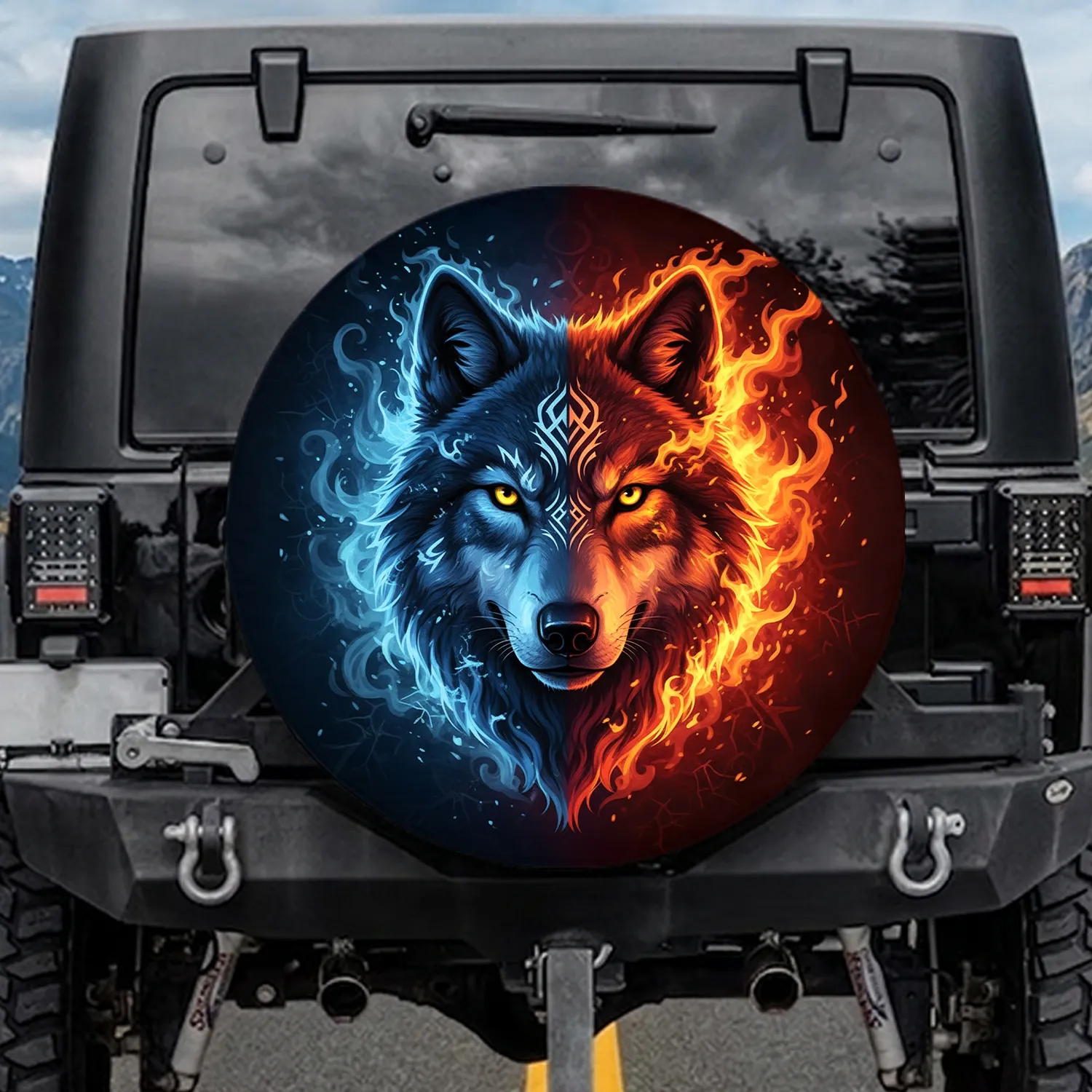 Wolf Head Split Ice Fire Elemental Tribal Frost Flames - Nature Lover Gift Spare Tire Cover - 1