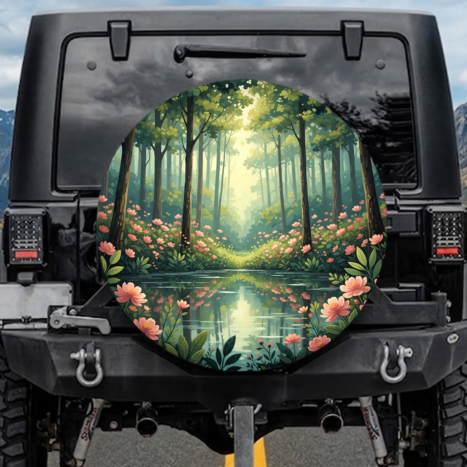 Pond Forest Trees Blossoms Scene - Nature Lover Gift Spare Tire Cover - 1