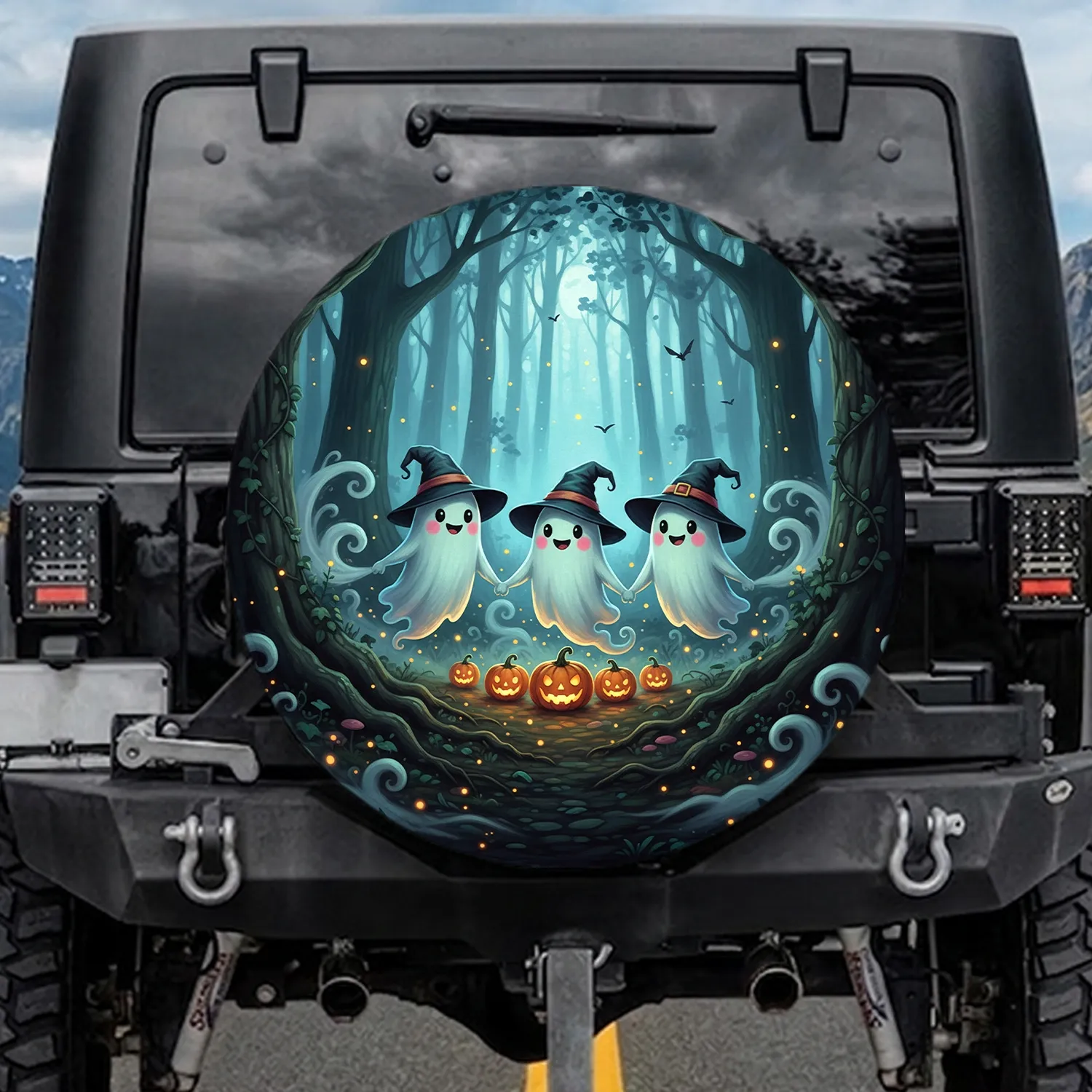 Friendly Ghosts Witch Hats Pumpkins Enchanted Forest - Halloween Gift Spare Tire Cover - 1