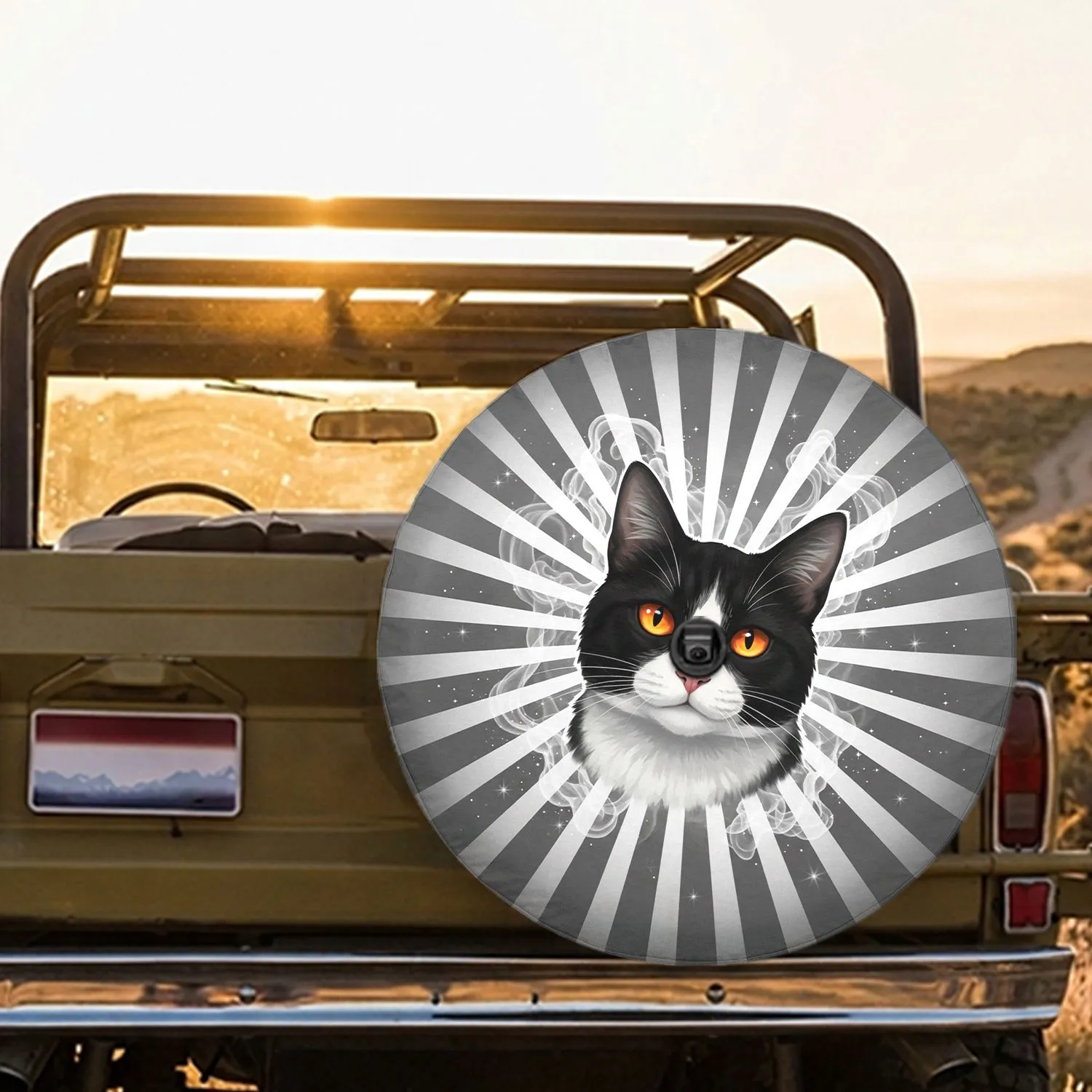 Black Tuxedo Cat Curious Gaze - Cat Lover Vehicle Decor Gift Spare Tire Cover - 1