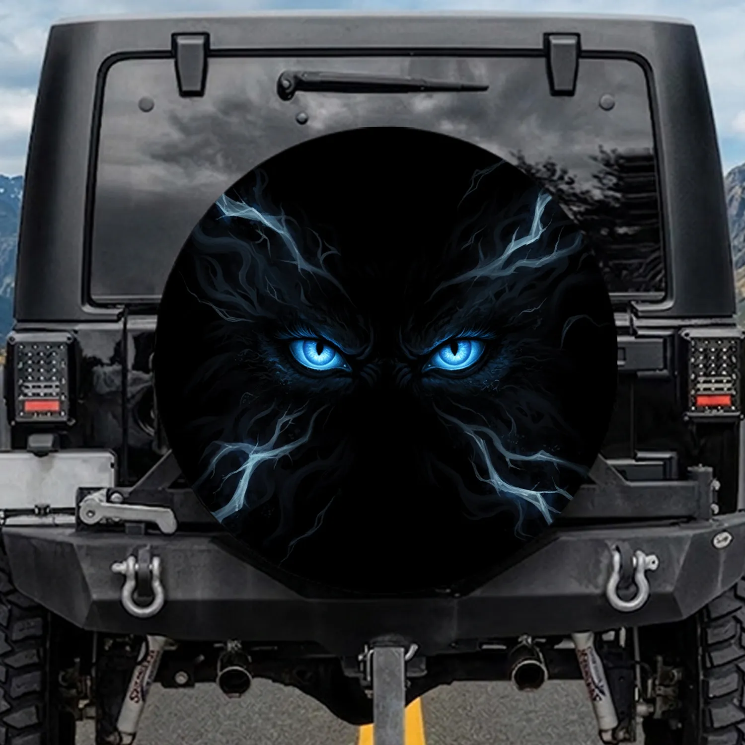 Intense Electric Blue Predator Eyes Shadowy Smoke Tendrils - Outdoor Adventure Lifestyle Spare Tire Cover - 1