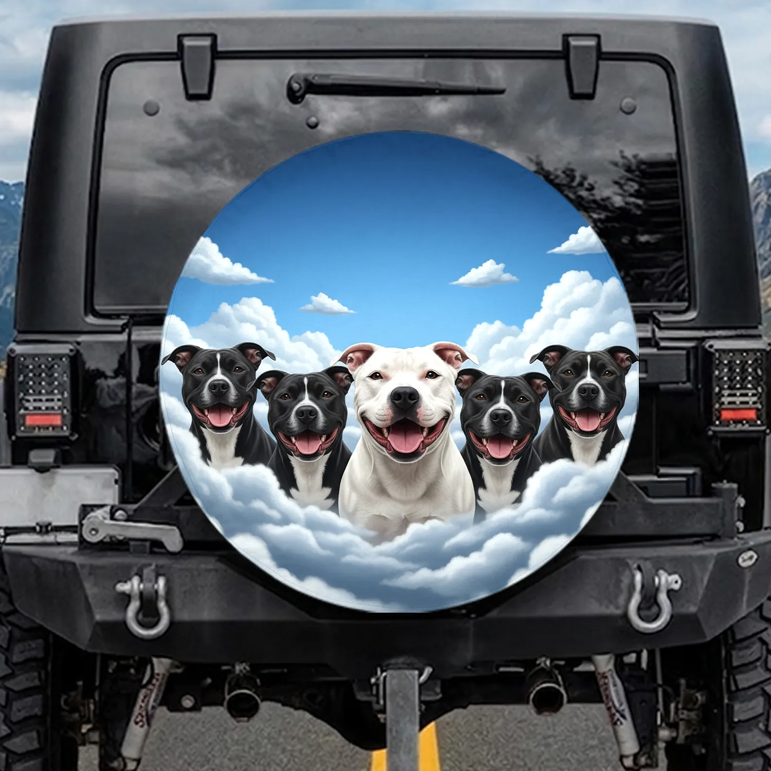 Five Pitbull Staffordshire Panting Dogs Group Portrait Blue Sky Clouds - Dog Lover Gift Spare Tire Cover - 1