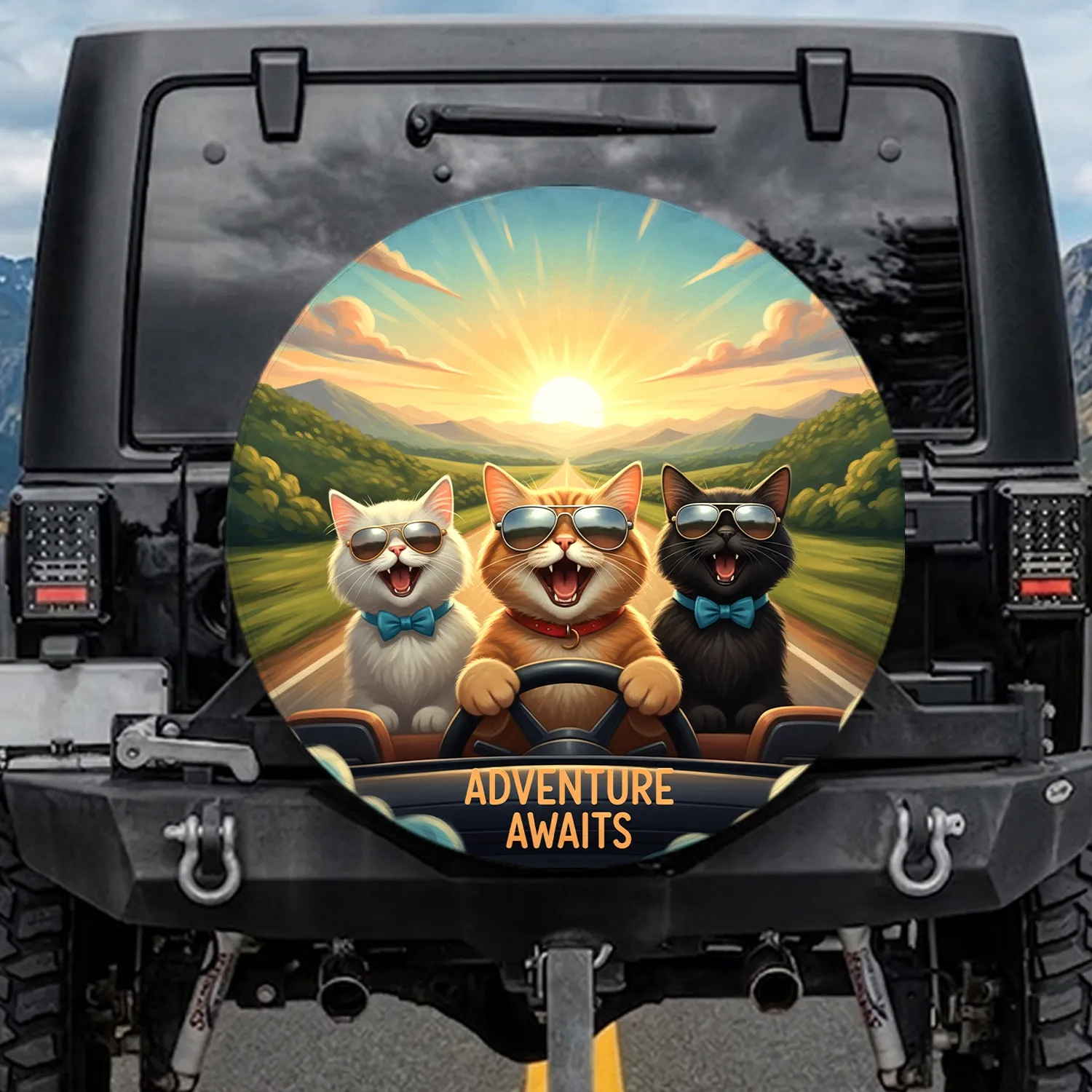 Adventurous Cats Driving Singing Road Trip - Golden Hour Journey Gift Spare Tire Cover - 1