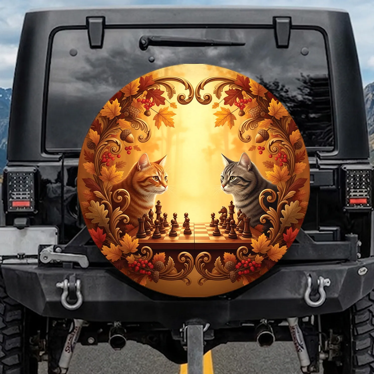 Autumn Cats Chessboard Baroque Scrollwork - Cat Lover Home Decor Gift Spare Tire Cover - 1