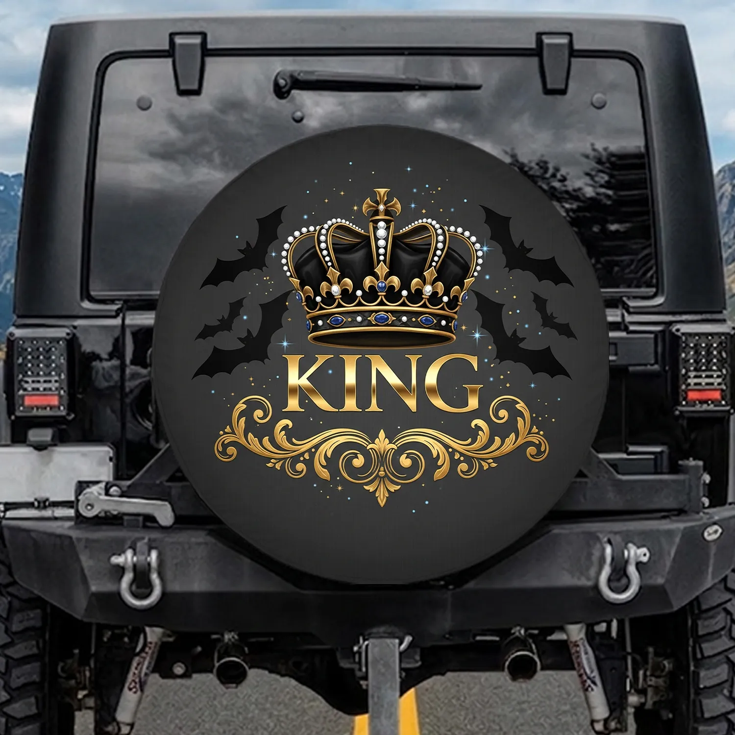 Royal Crown KING Bats Gold Filigree Scrollwork - Luxury Lifestyle Gift for Men Spare Tire Cover - 1