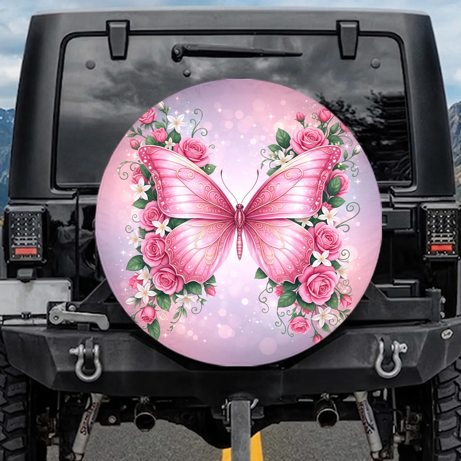 Iridescent Butterfly Golden Filigree Pink Roses White Flowers - Nature Lover Home Decor Gift Spare Tire Cover - 1