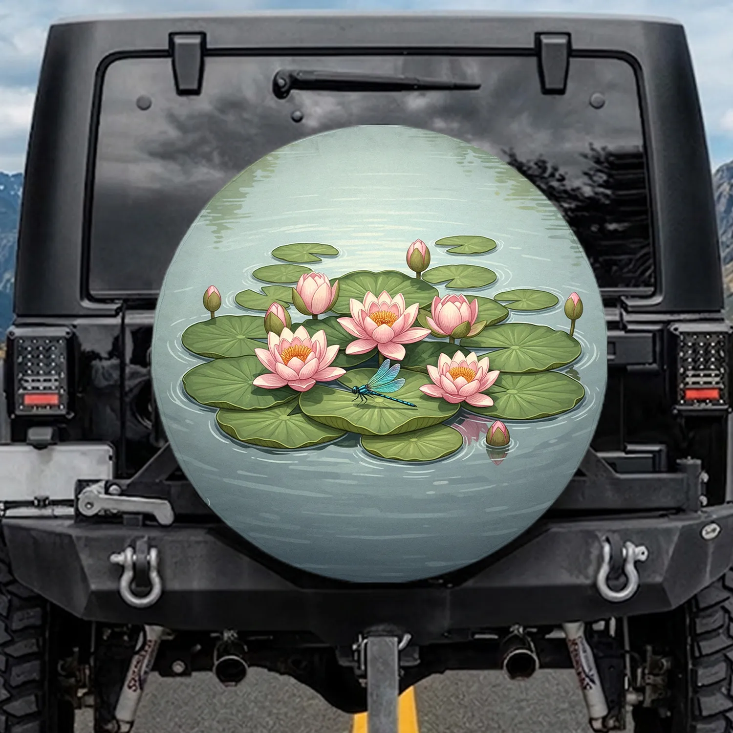 Pink Water Lilies Dragonfly Lotus - Nature Lover Home Decor Gift Spare Tire Cover - 1