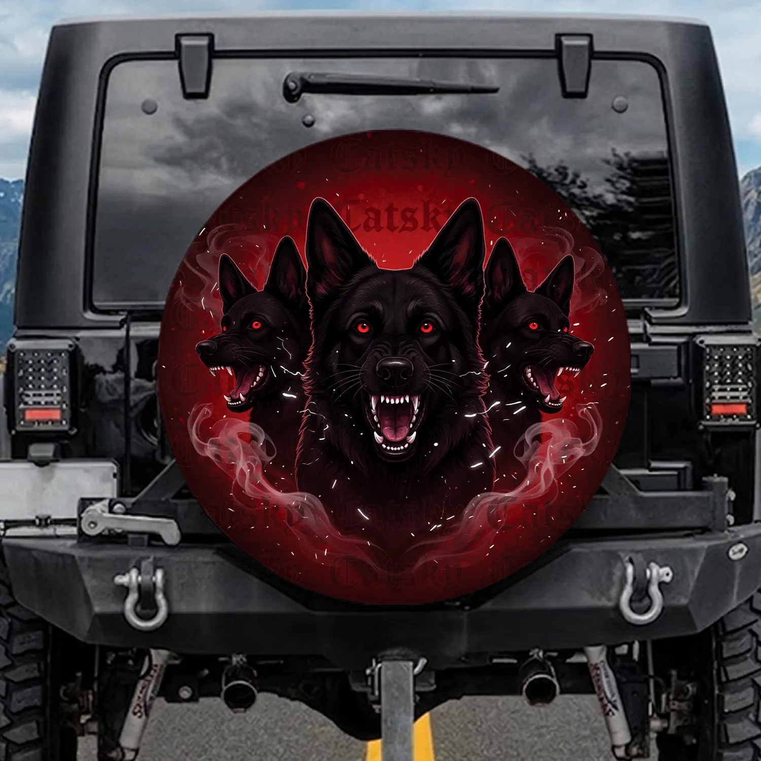 Crimson Abyss Black Canine German Shepherds Snarling Red Eyes - Dog Lover Car Accessory Spare Tire Cover - 1