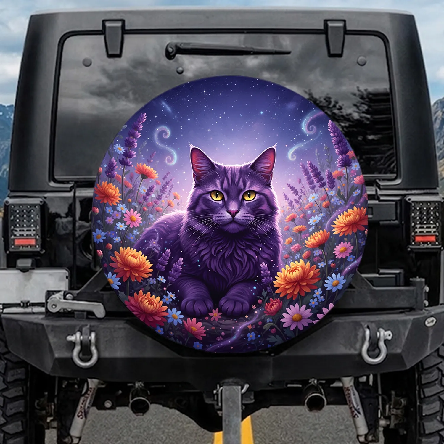 Plush Purple Cat Golden Eyes Floral Field Cosmic Twilight - Cat Lover Gift Spare Tire Cover - 1