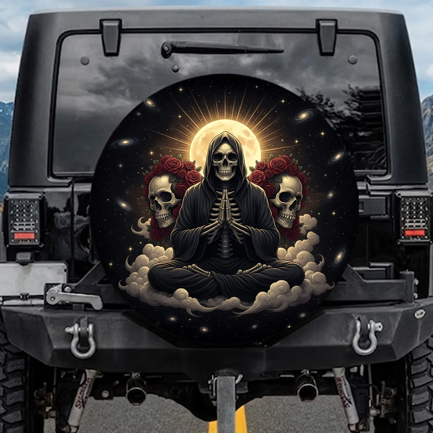 Skeletal Figure Skulls Full Moon Night Sky - Cosmic Decor Gift for Yoga Lover Spare Tire Cover - 1