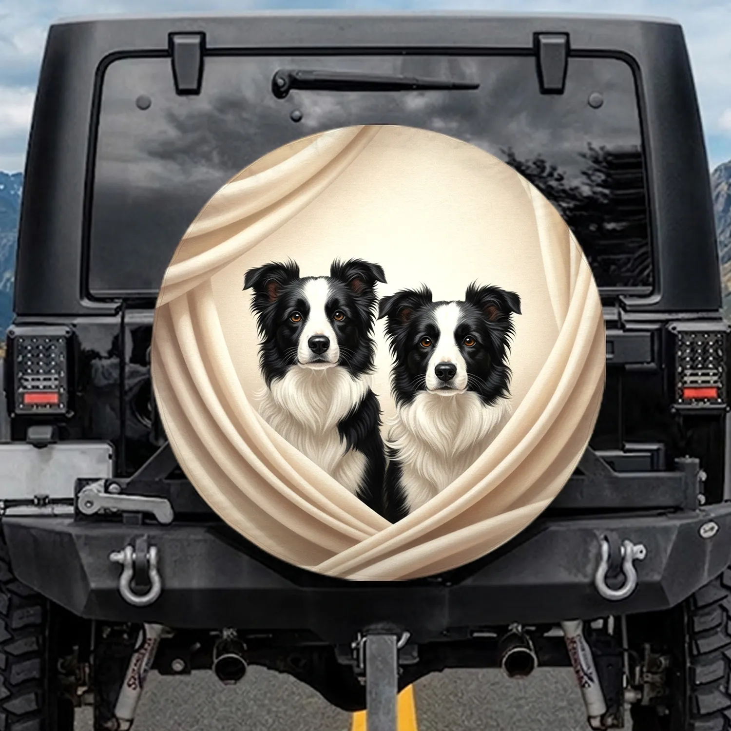 Curious Black White Dogs Behind Fabric Curtains - Everyday Home Decor for Pet Lovers Spare Tire Cover - 1
