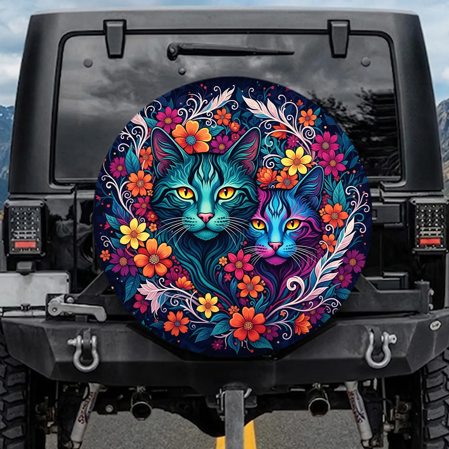 Stylized Cat Faces Dense Floral Tapestry Psychedelic Art Nouveau - Cat Lover Home Decor Gift Spare Tire Cover - 1