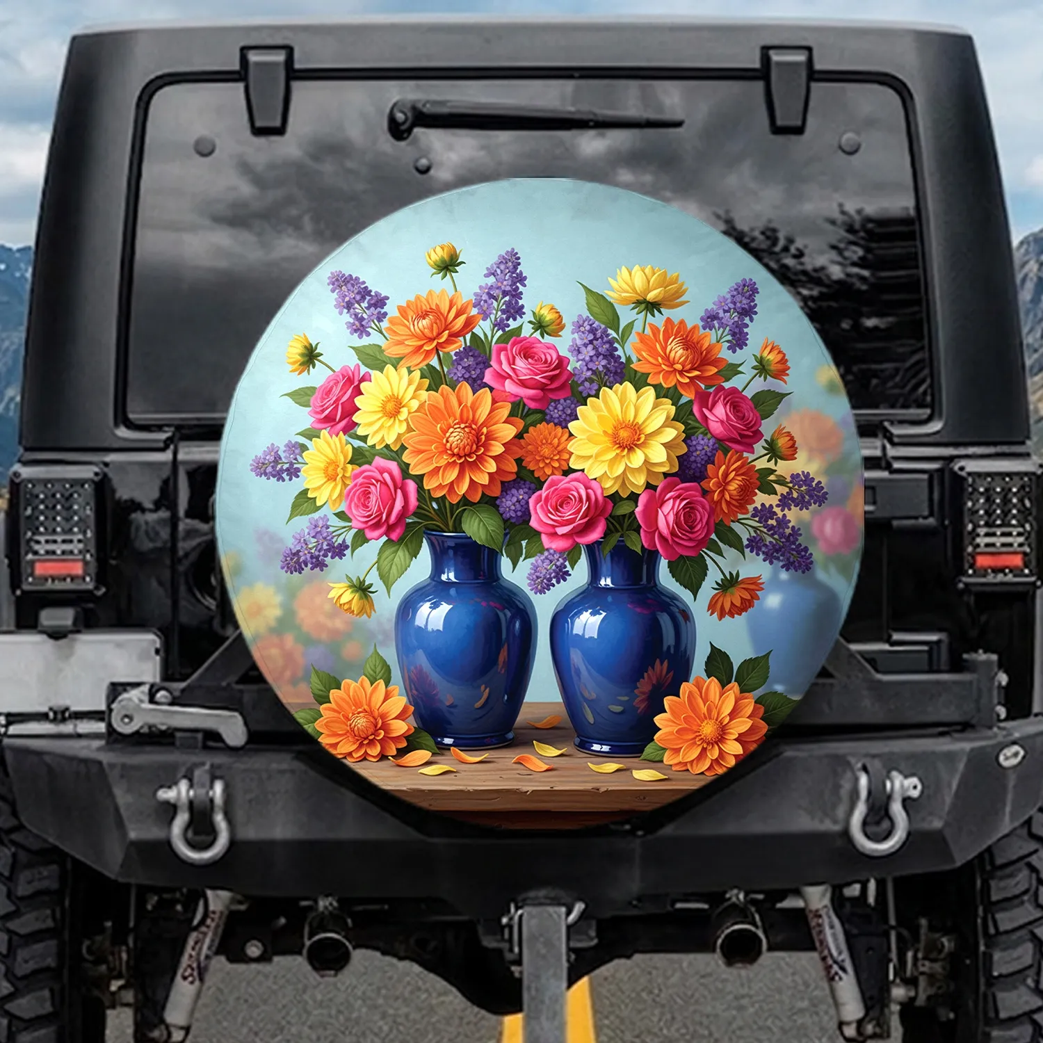 Cobalt Vases Dahlias Roses Rustic Wood - Garden Lover Gift Spare Tire Cover - 1