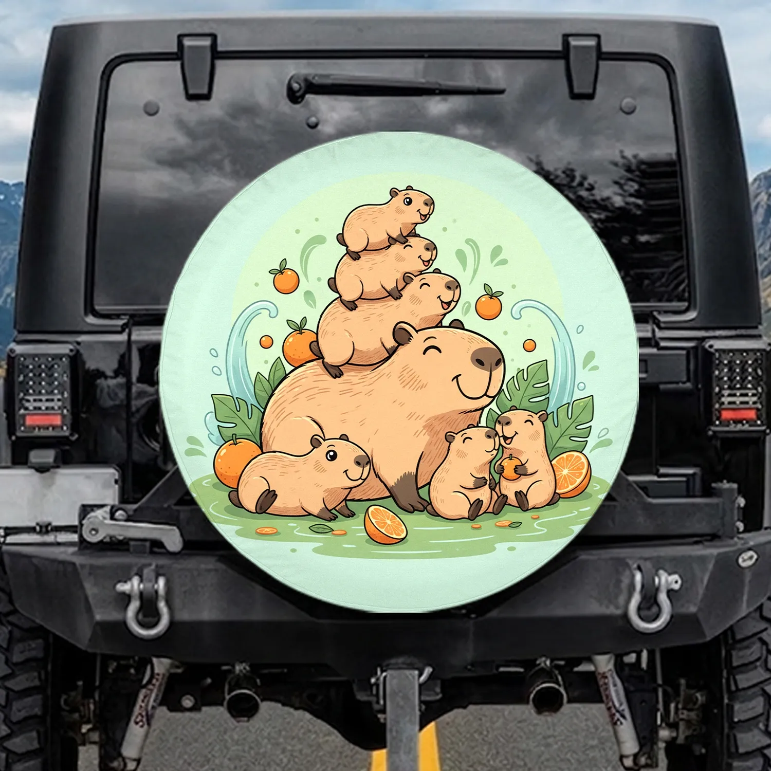 Capybara Stack Individual Capybara Orange Citrus Wildlife Scene - Wildlife Lover Gift Spare Tire Cover - 1