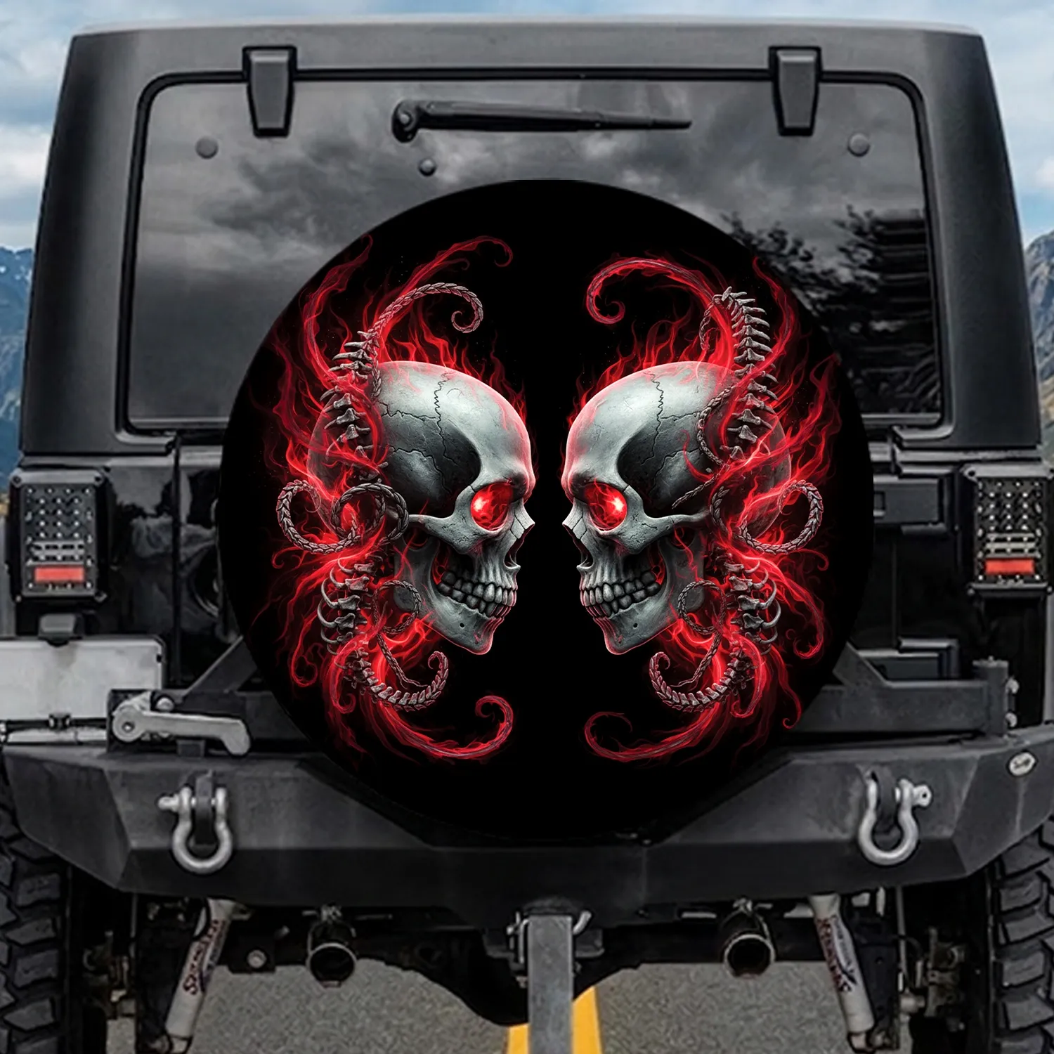 Human Skulls Skeletal Forms Glowing Red Flames - Dark Fantasy Decor for Skull Collector Spare Tire Cover - 1