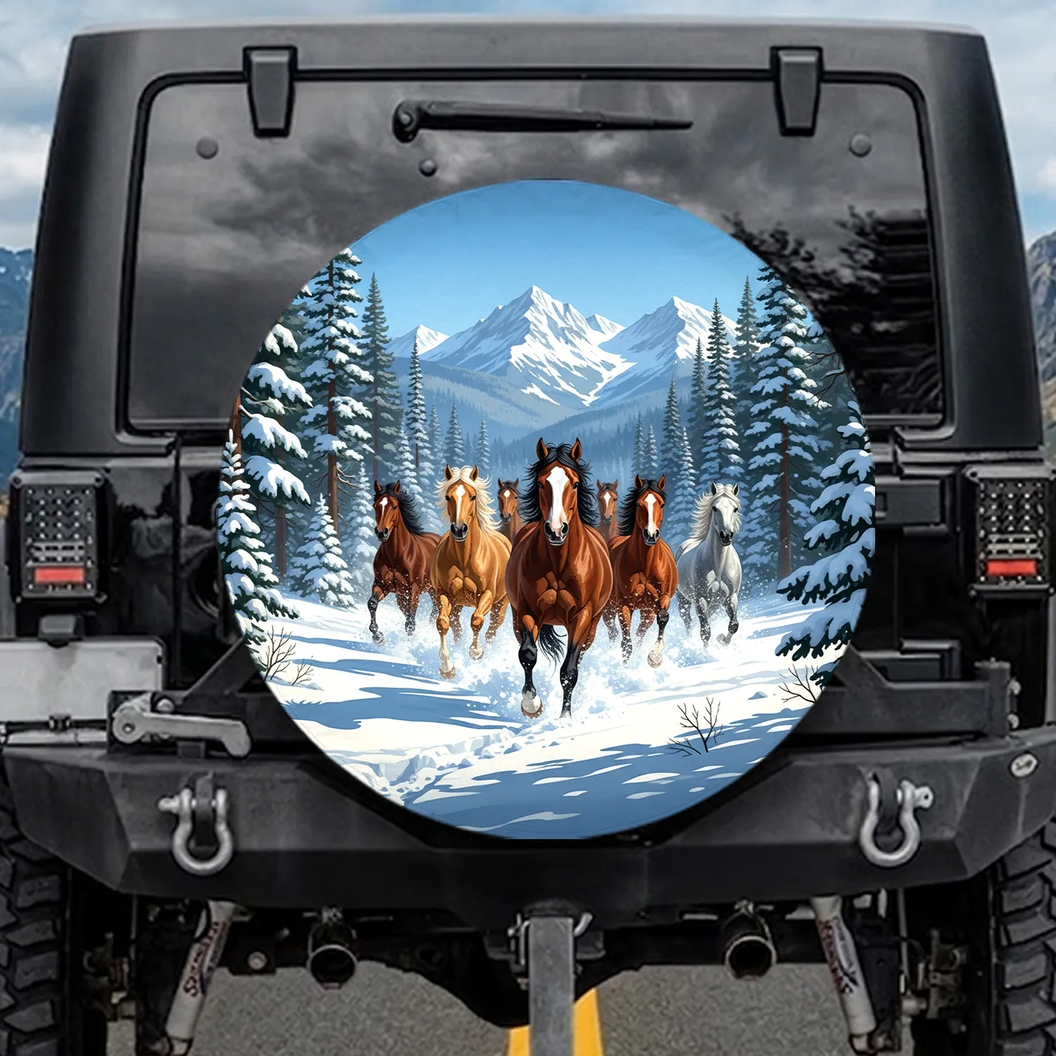 Galloping Wild Horses Snowy Forest Mountain - Winter Wilderness Wildlife Lover Gift Spare Tire Cover - 1
