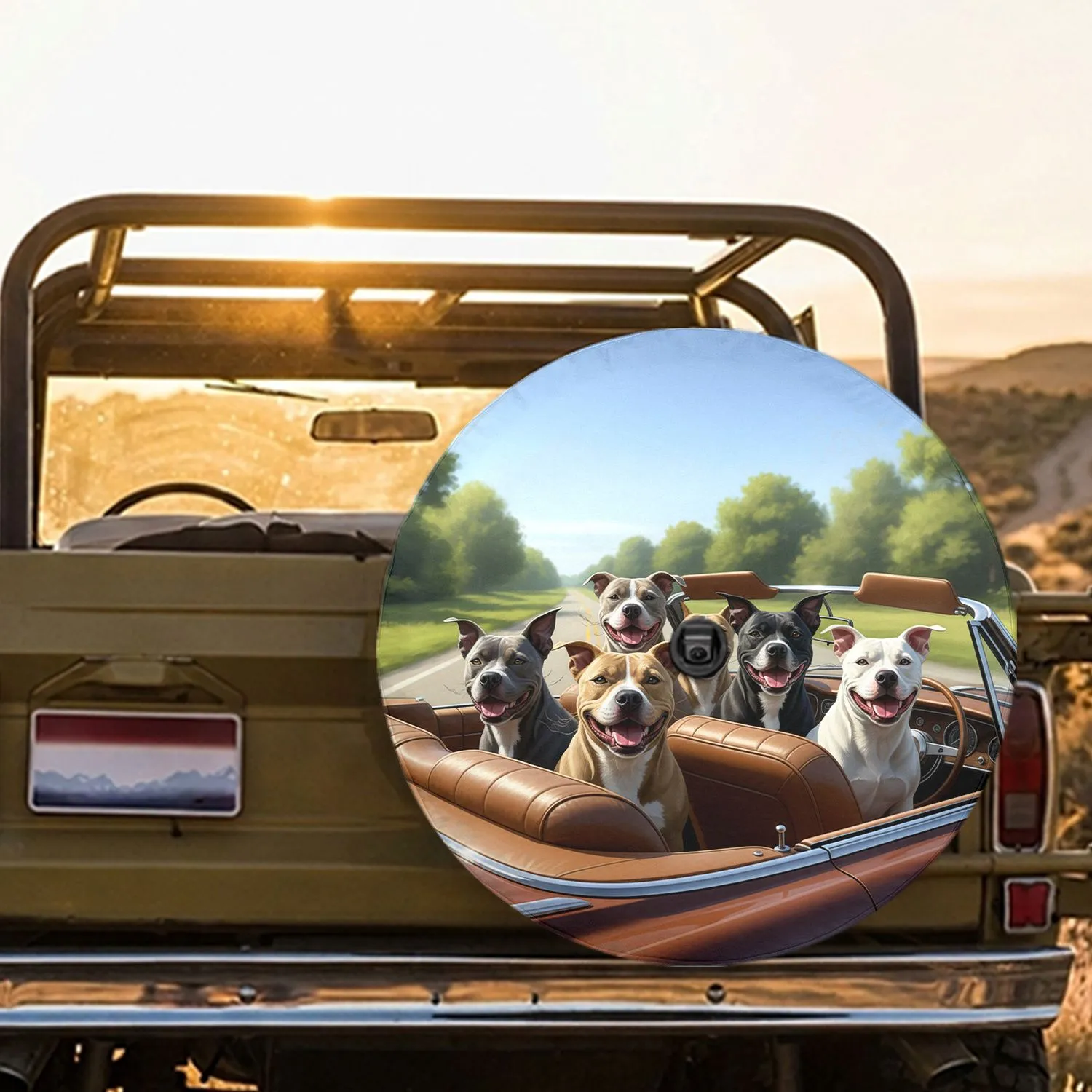 Pit Bulls Classic Car Countryside Scene - Dog Lover Travel Gift Spare Tire Cover - 1