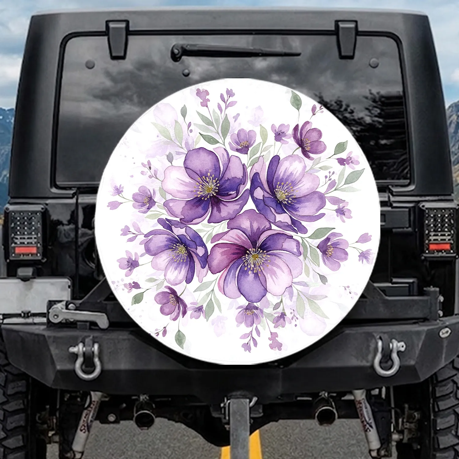 Purple Lavender Violet Green Flowers Large Overlapping Leaves - Home Decor Gift Spare Tire Cover - 1