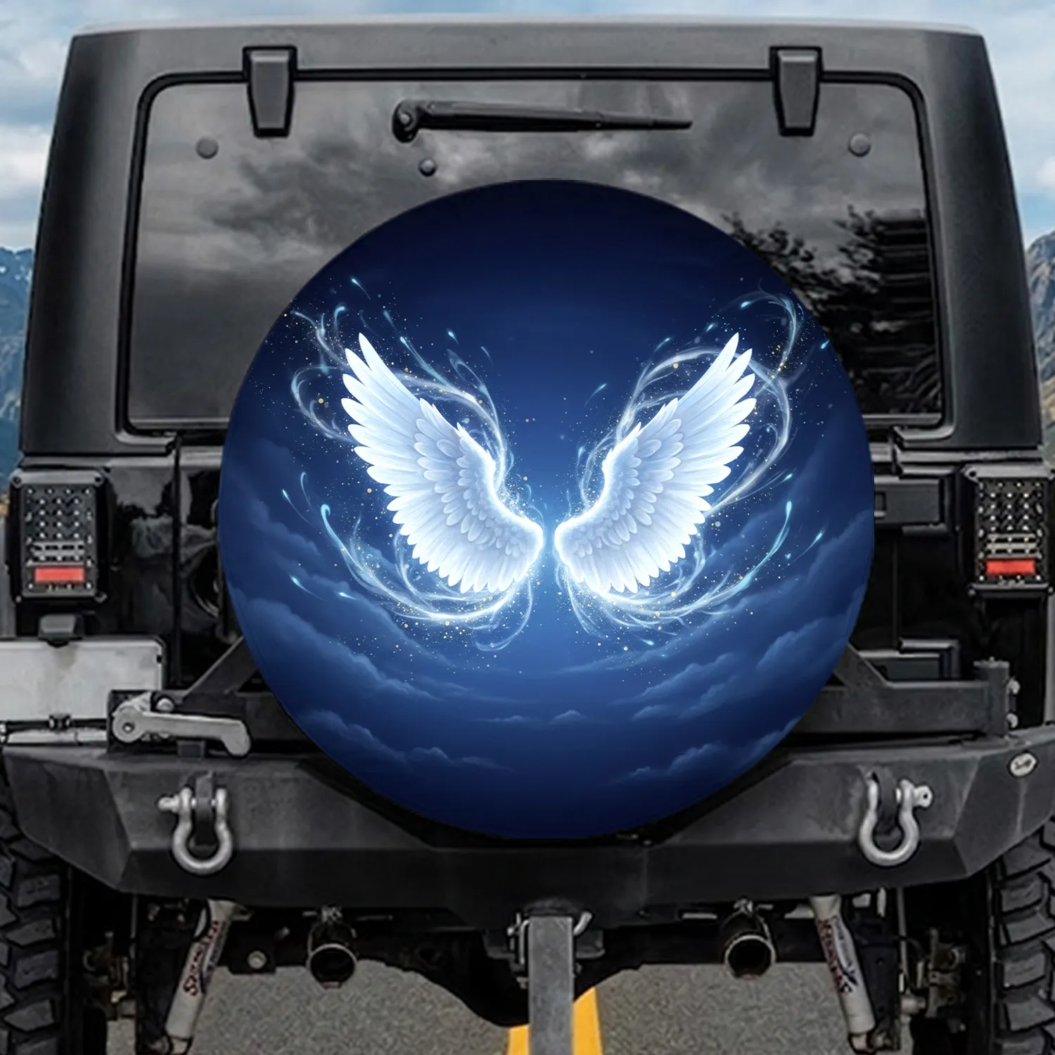 Celestial Feathered Wings Golden Stardust Deep Blue Night Sky Clouds - Home Decor Gift Spare Tire Cover - 1