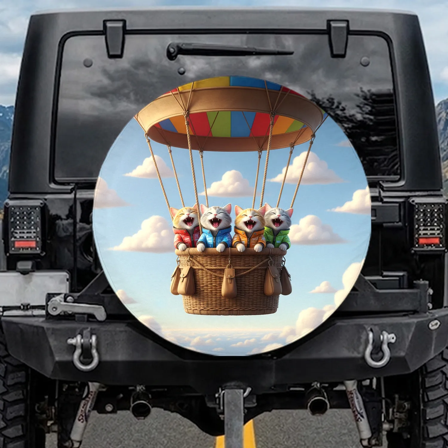 Four Meowing Cats Hot Air Balloon - Adventure Travel Gift for Cat Lover Spare Tire Cover - 1