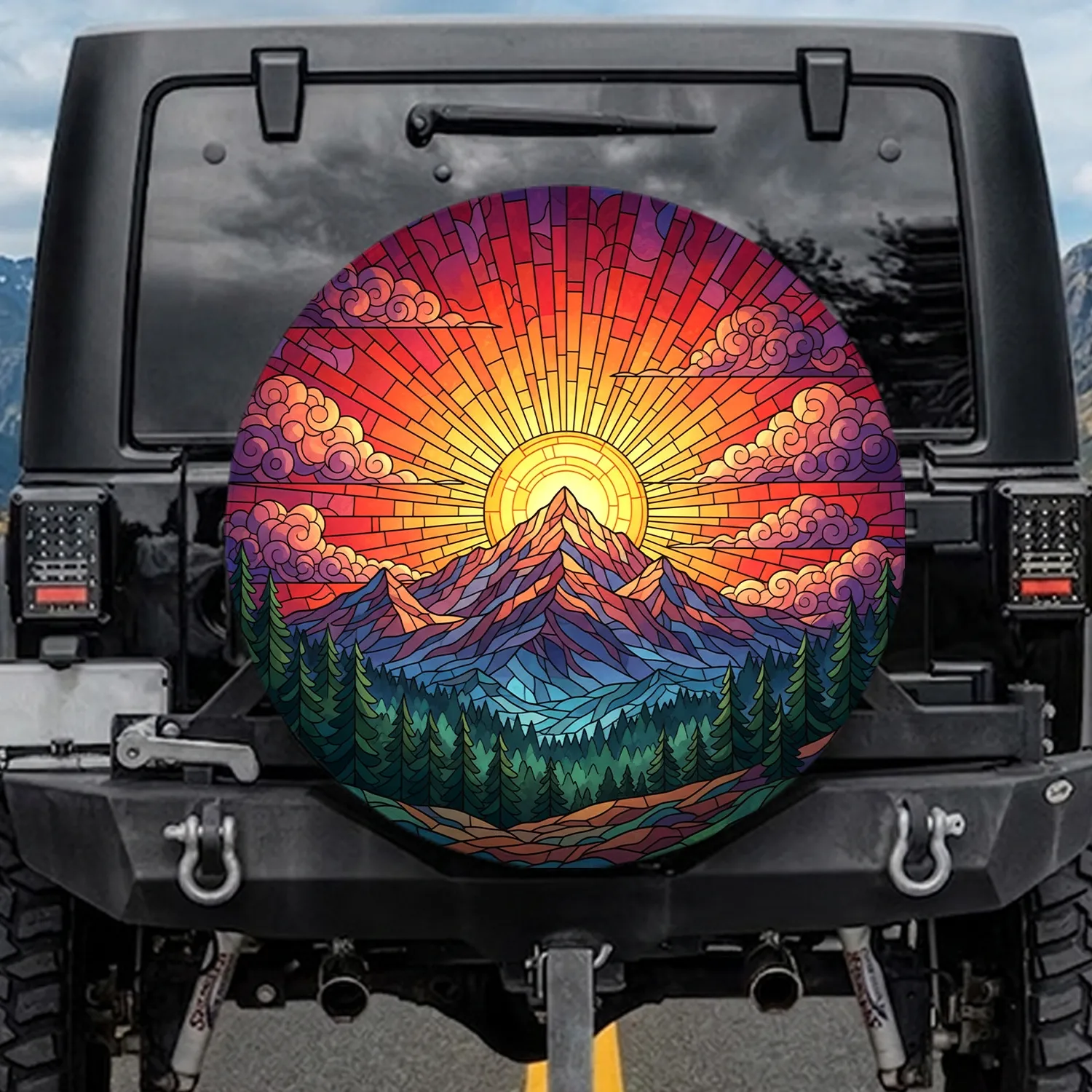 Stained Glass Mountain Sunset Radiant Sun - Nature Lover Gift Spare Tire Cover - 1